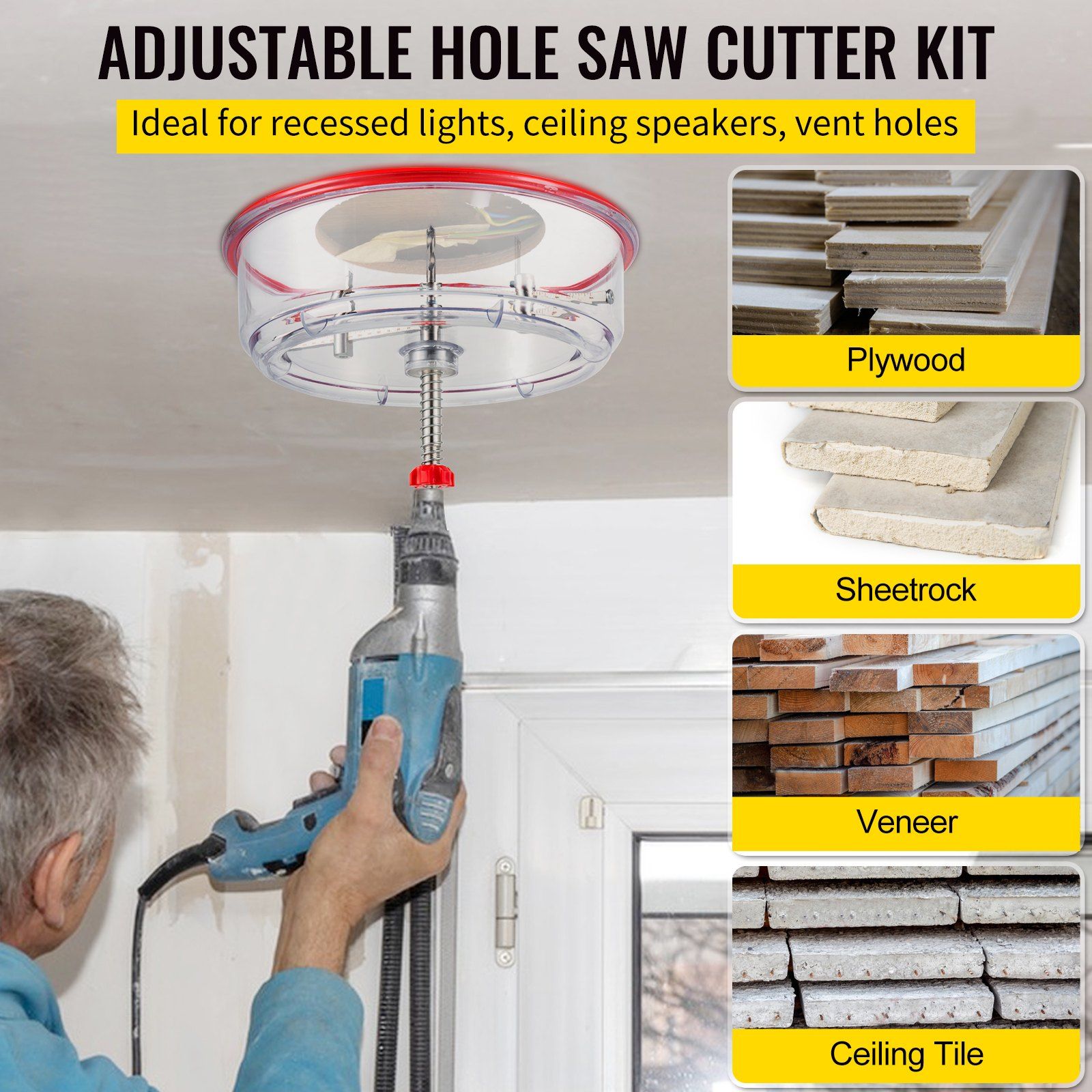 Adjustable Hole Saw Cutter Kit, 1-5/8" to 8" (40-200 mm), Two Replaceable Pilot Drill Bits, Twin Blade Recessed Hole Saw with PC Dust Shield, for Recessed Lights, Ceiling Speakers, Vent Holes