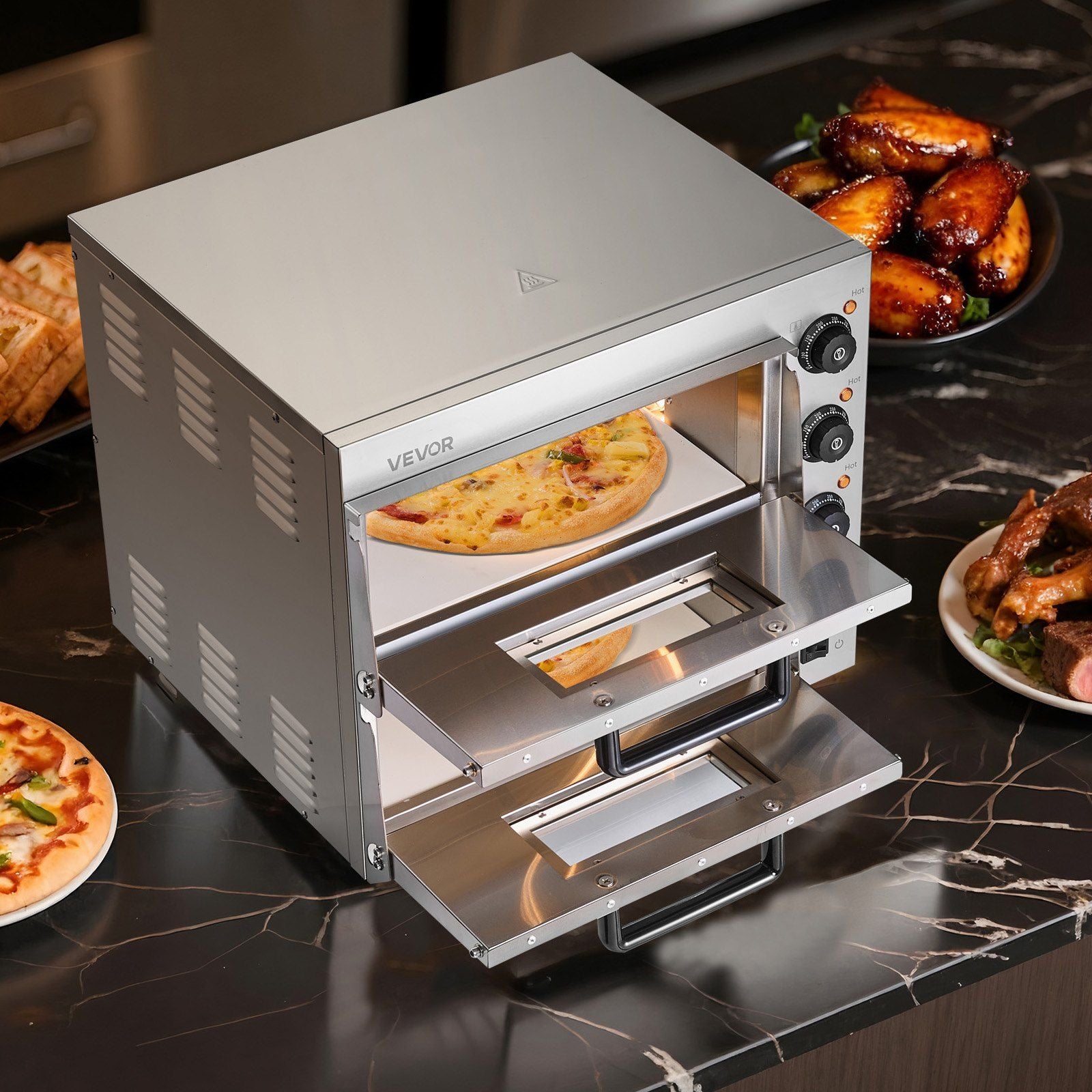 Commercial Pizza Oven Countertop, 16-Inch Double Deck Layers, Stainless Steel Electric Pizza Oven with Stone and Handle, Multipurpose Indoor Pizza Maker for Restaurant Home Pretzels Baked