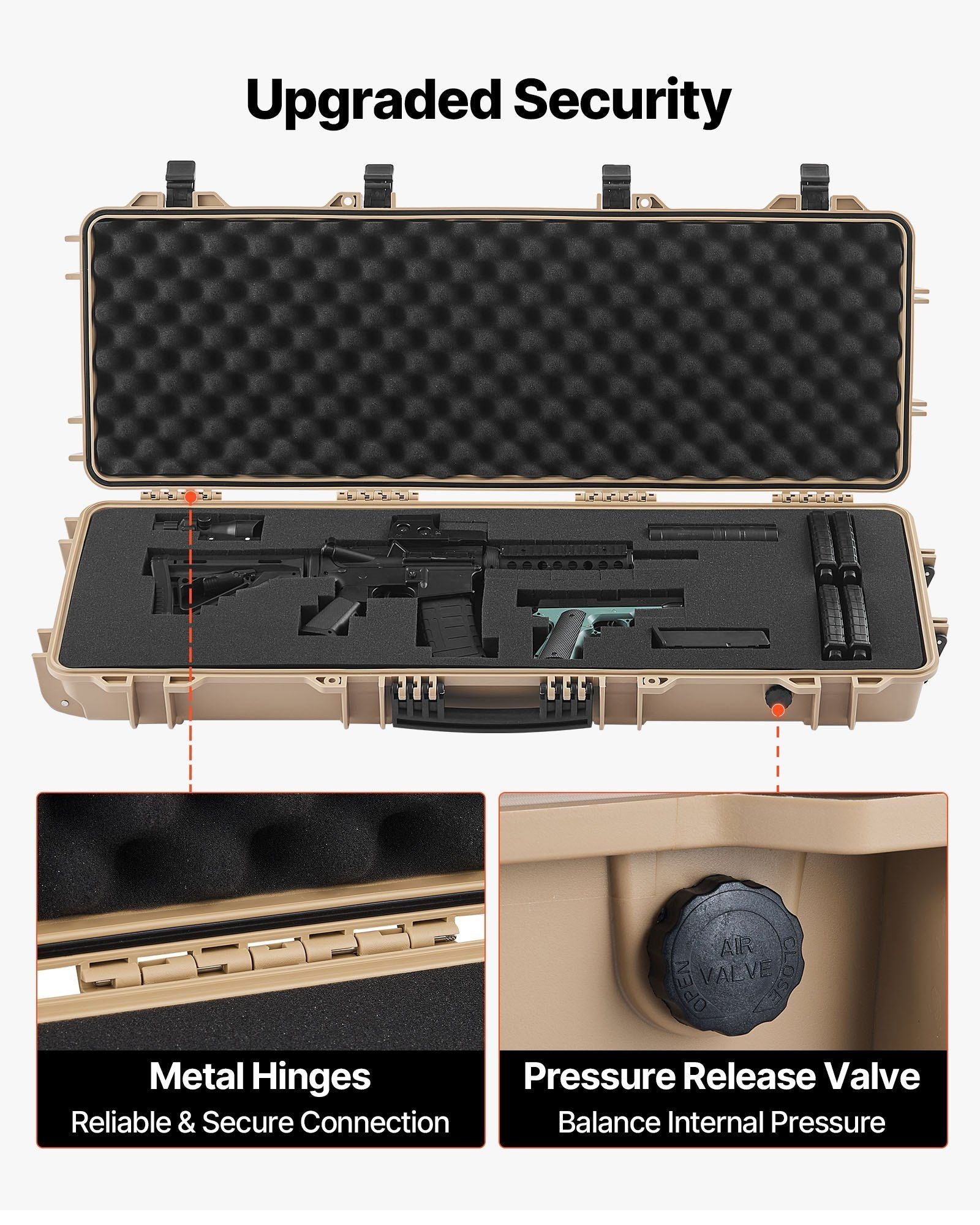 Hard Rifle Case, Lockable Rifle Case with Pre-cut Foams, 1016 mm Gun Storage with Wheels, IP67 Waterproof & Dustproof Movable Large Pistol Storage for Rifles, Shotguns, Airsoft Guns, Khaki