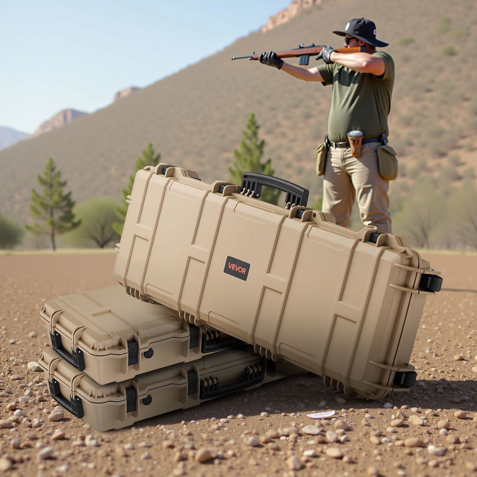 Hard Rifle Case, Lockable Rifle Case with Pre-cut Foams, 1016 mm Gun Storage with Wheels, IP67 Waterproof & Dustproof Movable Large Pistol Storage for Rifles, Shotguns, Airsoft Guns, Khaki