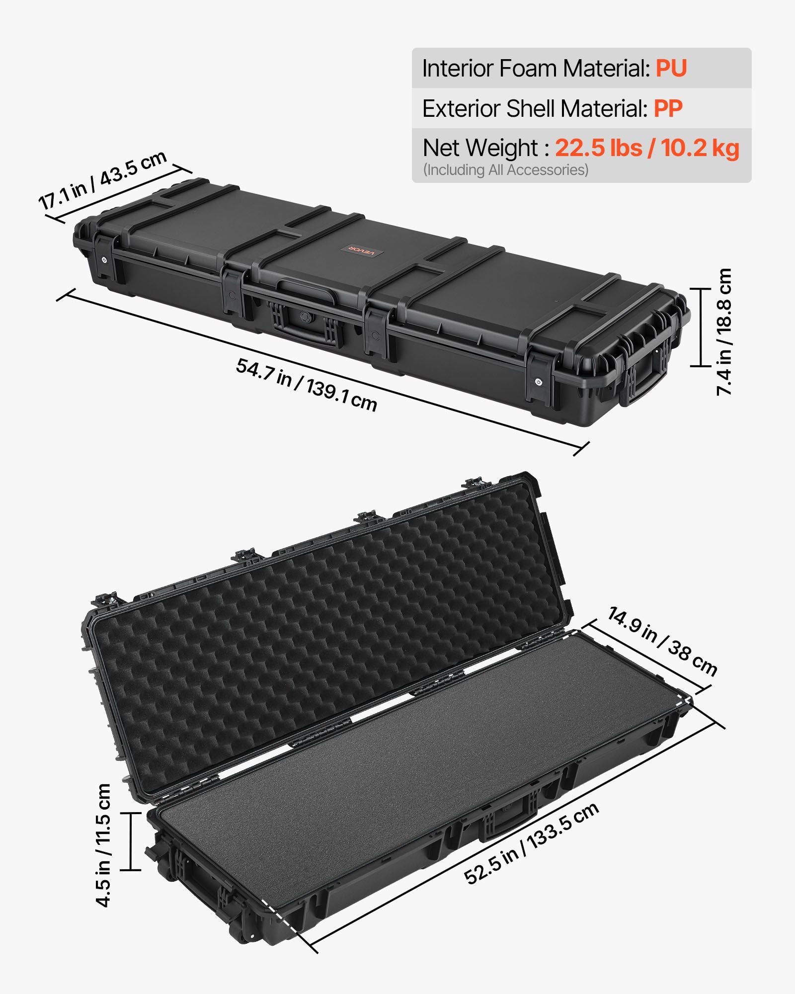 Hard Rifle Case, Lockable Rifle Case with Pre-cut Foams, 1320 mm Gun Storage with Wheels, Heavy Duty IP67 Waterproof & Dustproof Pistol Storage Cases for Rifles, Shotguns, Airsoft Guns, Black
