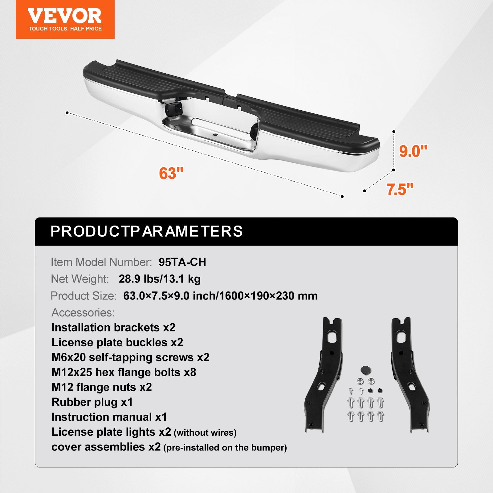 VEVOR Rear Step Bumper Chrome Steel Bumper Assembly for 1995-2004-Toyota Tacoma