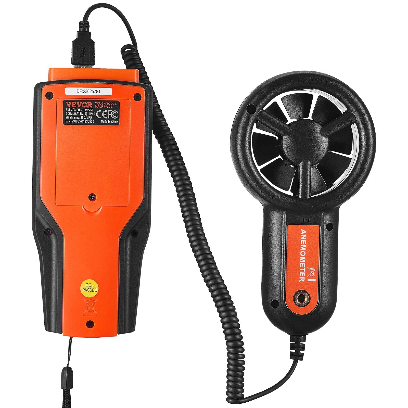 VEVOR Split Handheld Anemometer, Digital Wind Speed CFM Meter Gauge with LED Backlight Screen, Measures Wind Velocity Wind Temperature Air Flow Wind Chill, for Sailing Surfing Flying HVAC