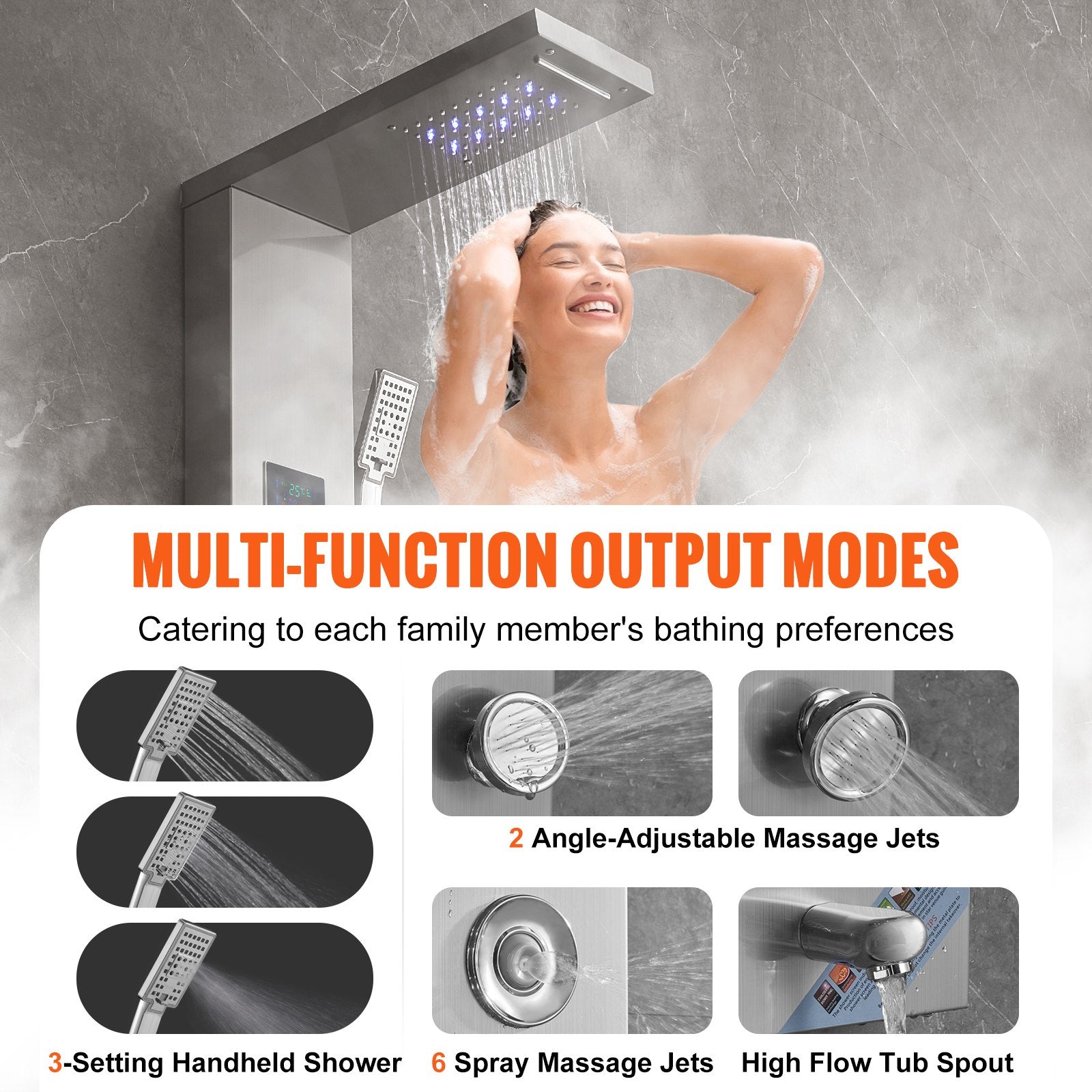 VEVOR Shower Panel System, 6 Shower Modes, LED & Screen Hydroelectricity Shower Panel Tower, Rainfall, Waterfall, 8 Massage Jets, Tub Spout, Handheld Shower, Stainless Steel Wall-Mounted Shower Set