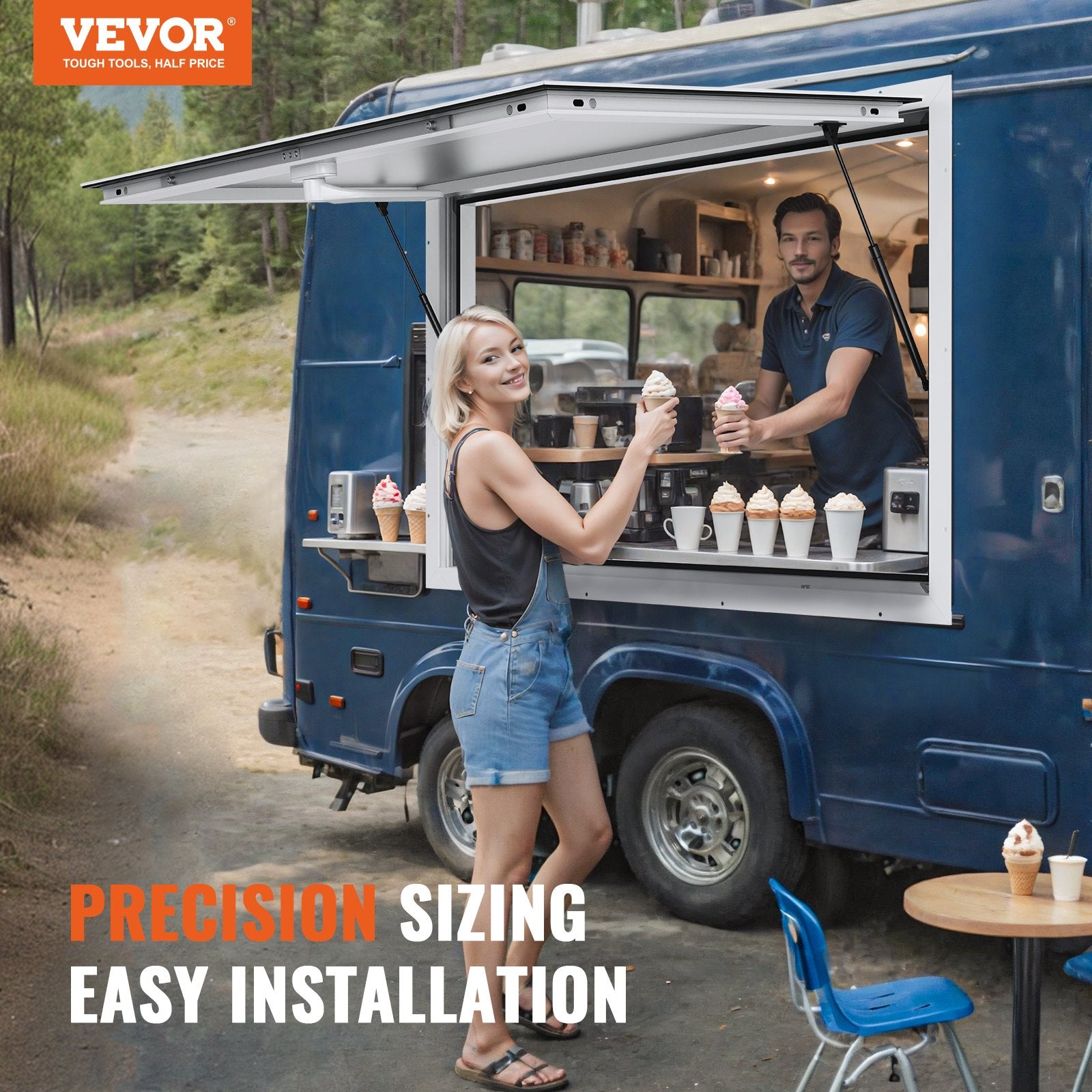 VEVOR Concession Window 91x91cm, Aluminum Alloy Food Truck Service Window with Awning Door & Drag Hook, Up to 85 Degrees Stand Serving Window for Food Trucks Concession Trailers, Glass Not Included