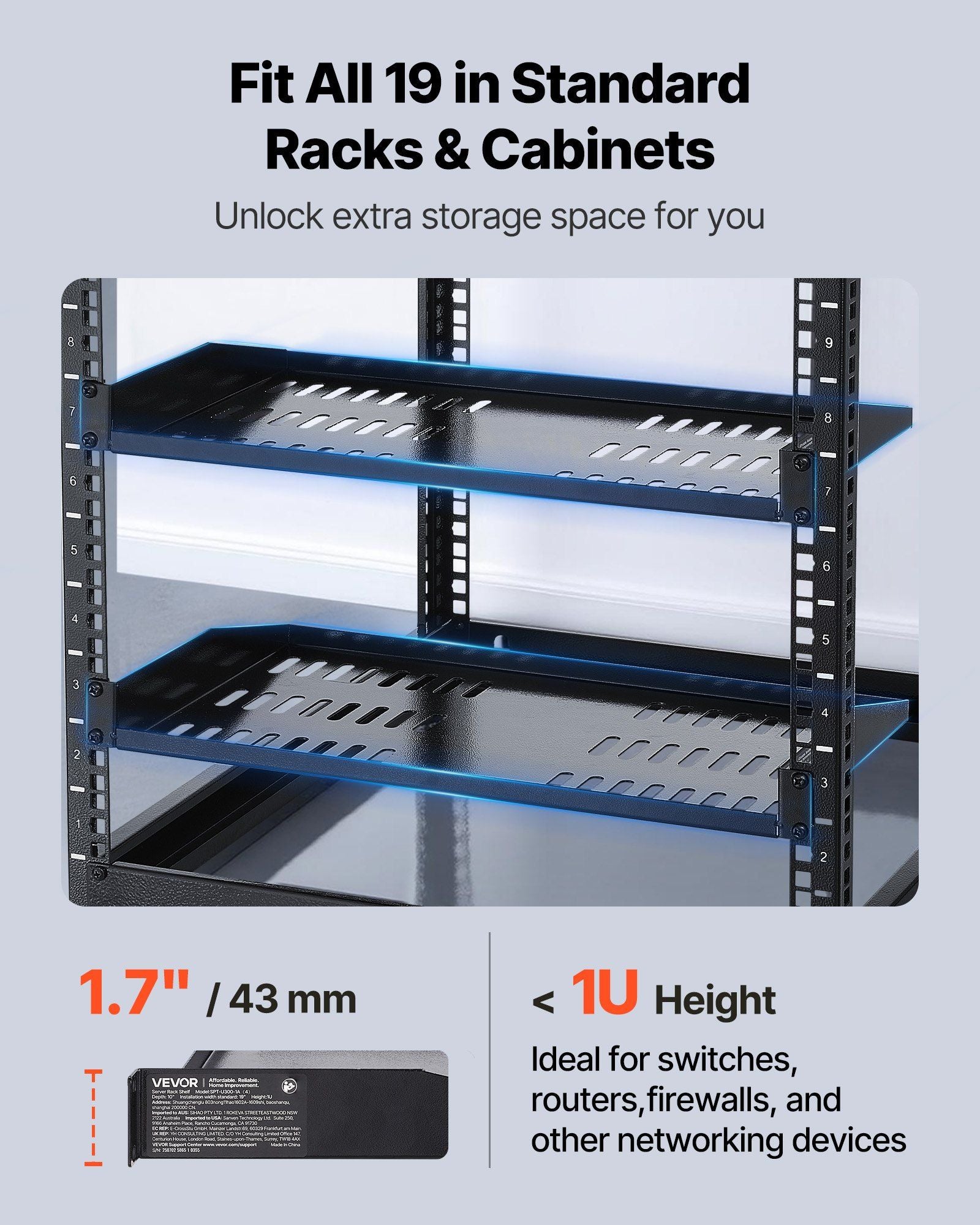1U Server Rack Shelf, 4 PCS, 22.68 kg Max Load-Bearing Vented Cantilever, Wall Mount or Rack Mount Shelf with Tray, 254 mm Depth, Good Air Circulation for Cabinet Computer Network Equipment