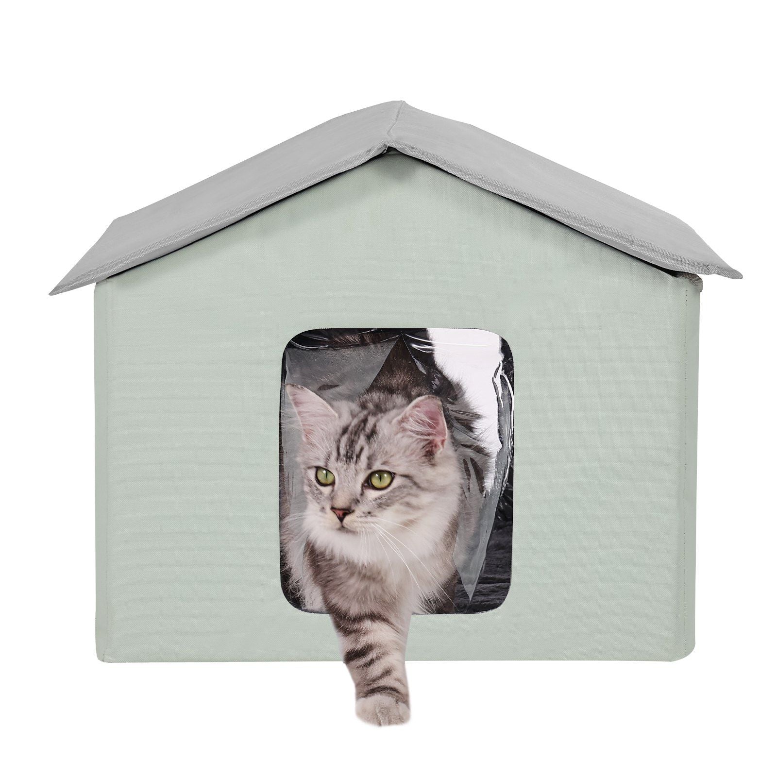Heated Cat House, Outdoor Kitty Shelter with Adjustable Temperature and Timer, 600D Oxford Cloth Foldable Cat Shelter with Heated Pad for Winter to Stay Warm and Cozy, Green (Middle)