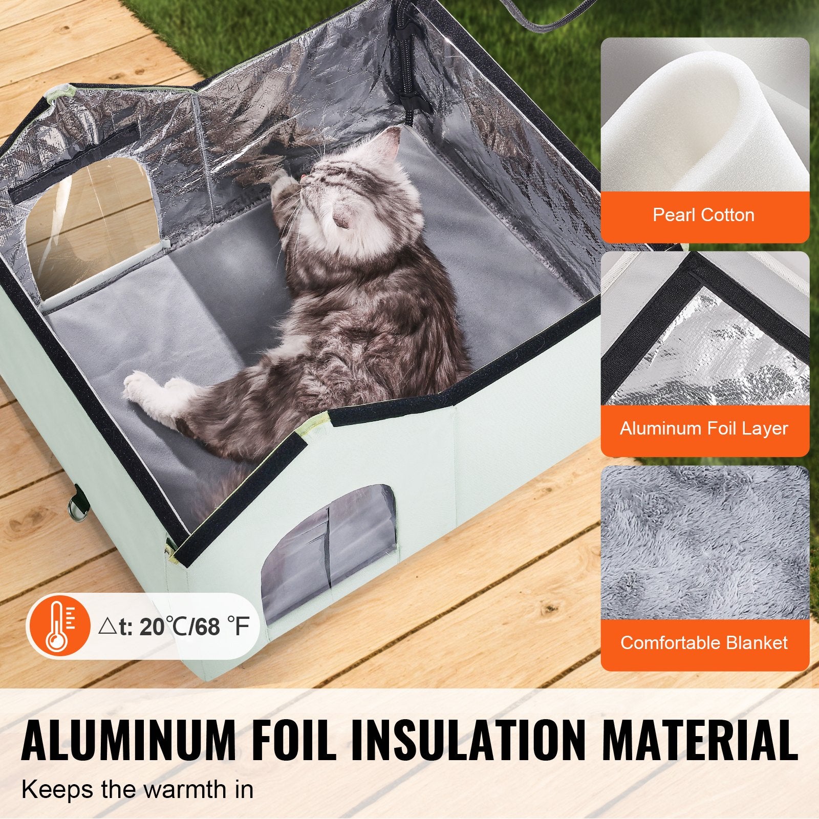 VEVOR Heated Cat House, Outdoor Kitty Shelter with Adjustable Temperature and Timer, 600D Oxford Cloth Foldable Cat Shelter with Heated Pad for Winter to Stay Warm and Cozy, Green (Large)