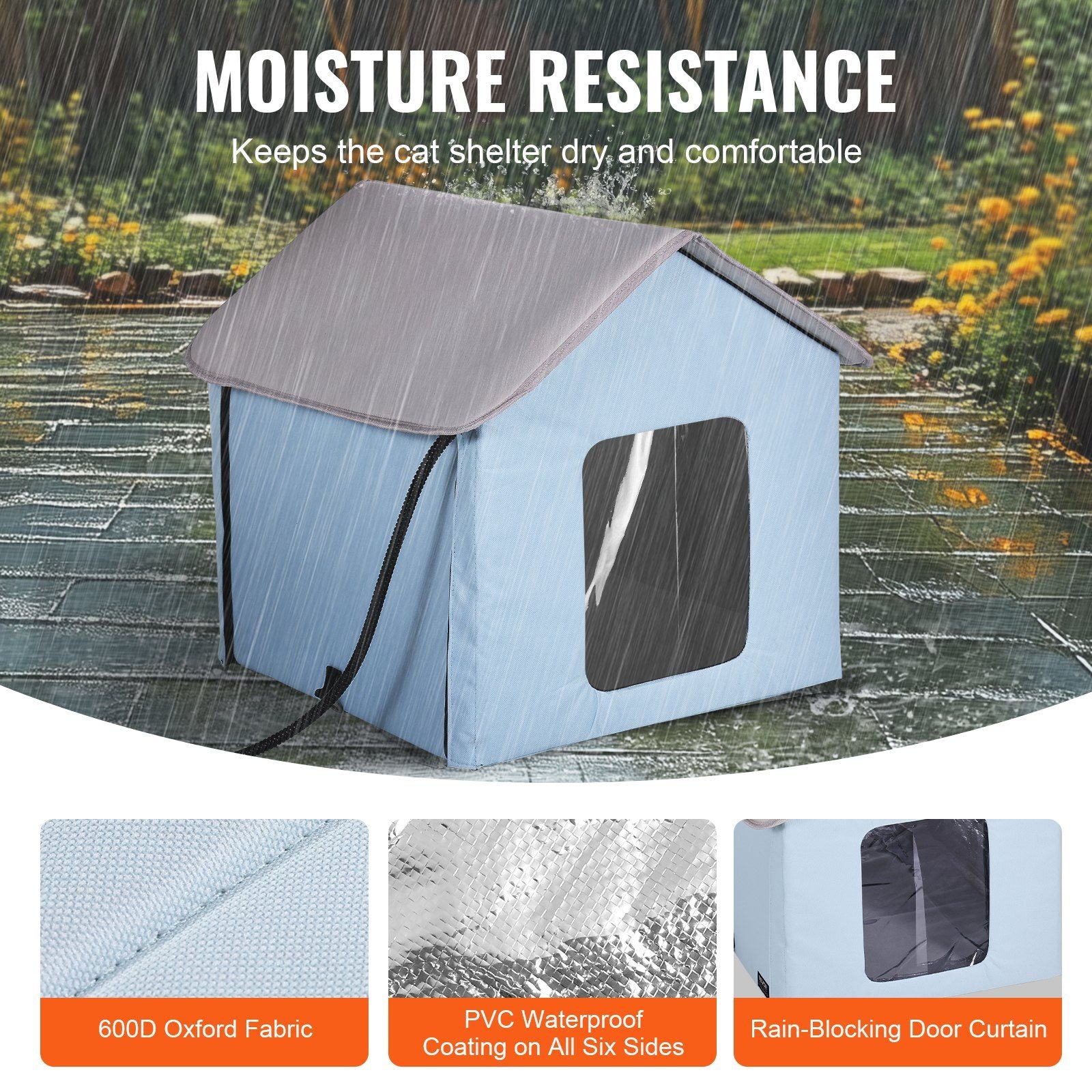 Heated Cat House, Outdoor Kitty Shelter with Timer, 600D Oxford Cloth Foldable Cat Shelter with Heated Pad for Winter to Stay Warm and Cozy, Blue (Small)