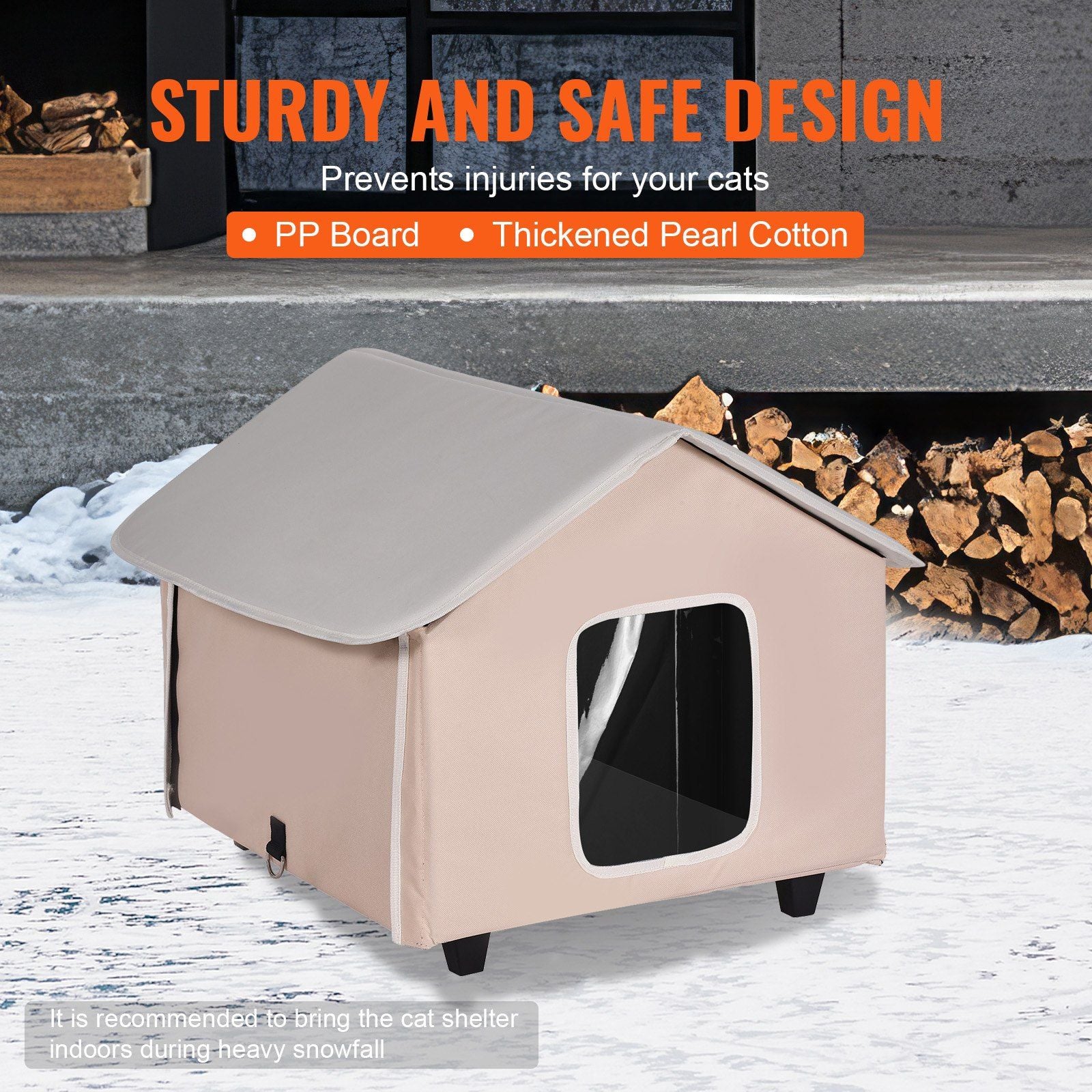 Elevated Heated Cat House, Outdoor Kitty Shelter with Timer, 600D Oxford Cloth Foldable Cat Shelter with Heated Pad for Winter to Stay Warm and Cozy, Brown (Middle)