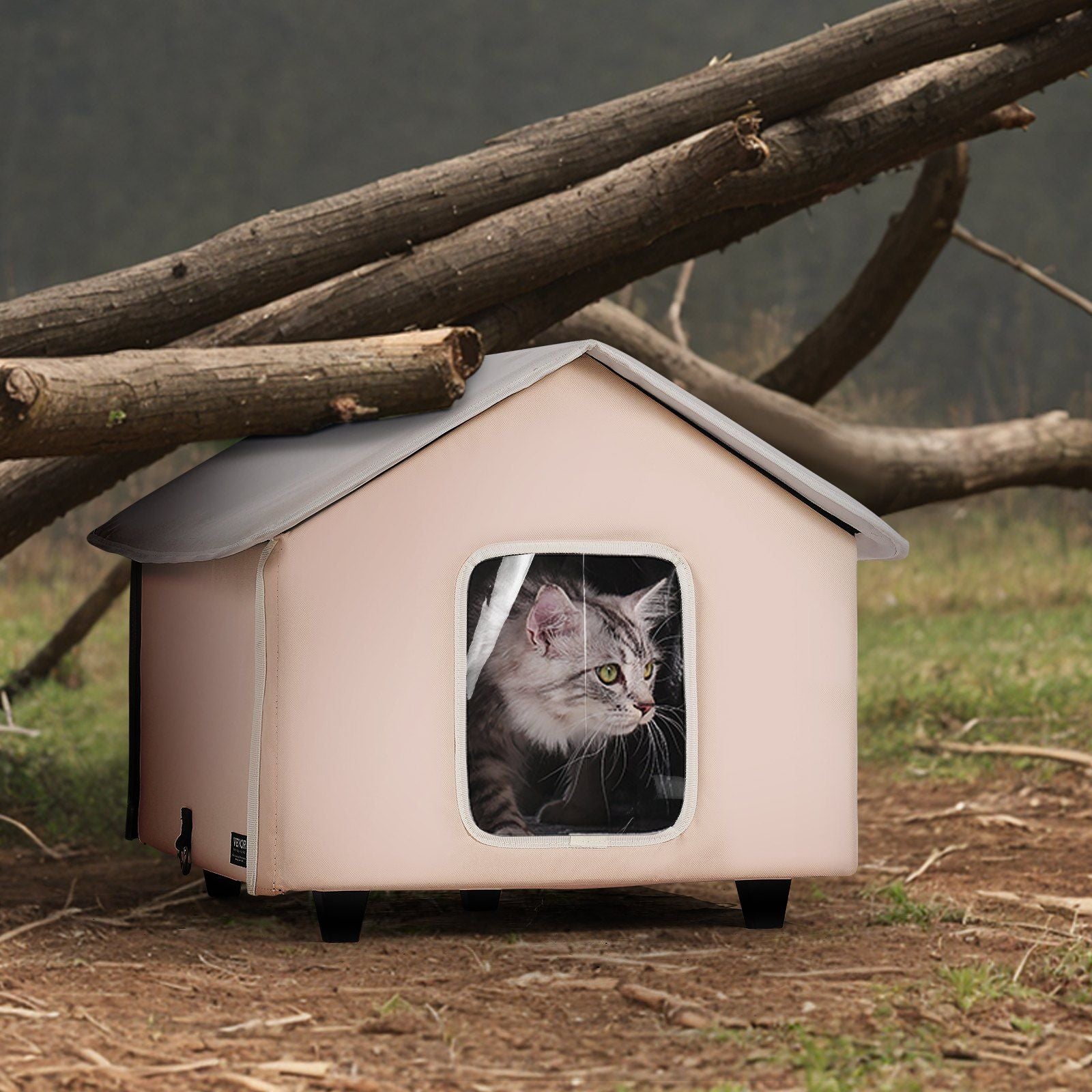 Elevated Heated Cat House, Outdoor Kitty Shelter with Timer, 600D Oxford Cloth Foldable Cat Shelter with Heated Pad for Winter to Stay Warm and Cozy, Brown (Middle)