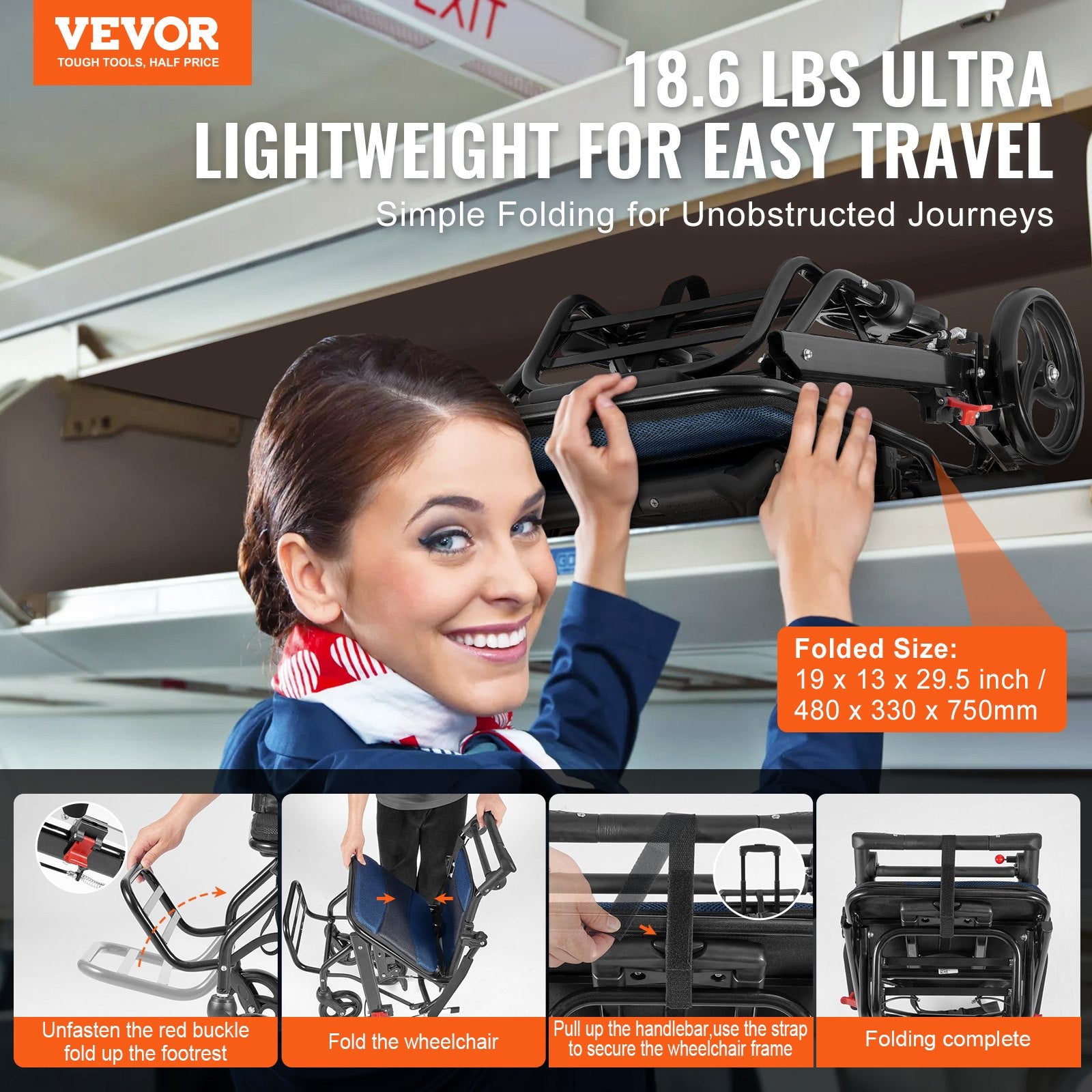 VEVOR Wheelchair, Aluminum Alloy Ultra-Lightweight Transport Chair for Adults, Foldable Cabin Wheelchair with Flip-Back Desk-Length Arms, Self-locking Brake, 15.75-Inch Wide Seat, 220lbs Load