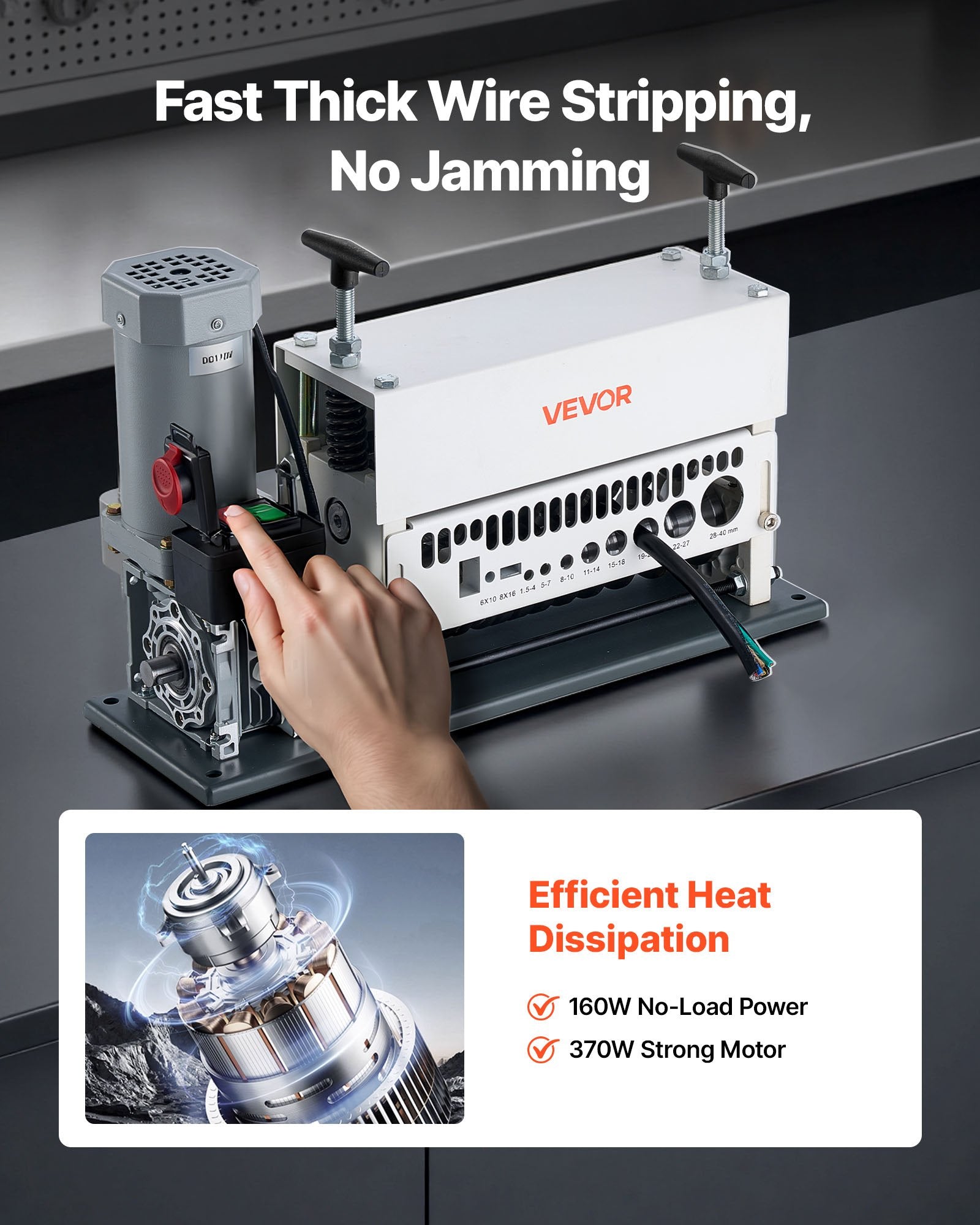 VEVOR Electric Wire Stripper Machine, 1.5-40 mm, 11 Channel Automatic Copper Cable Stripper, 370W Wire Stripper Tool with Manual Hand Crank Mode, Emergency Stop Button, for Scrap Copper Recycling