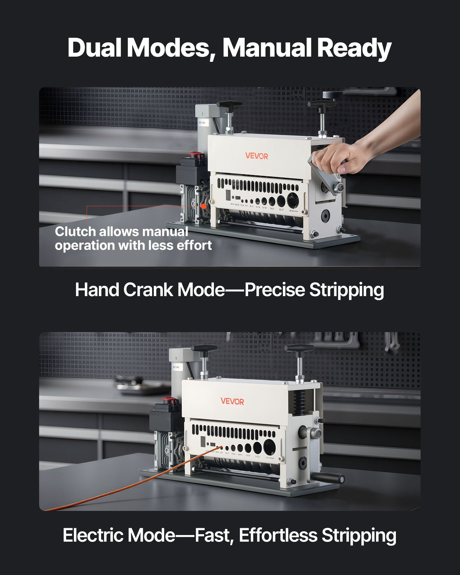 VEVOR Electric Wire Stripper Machine, 1.5-40 mm, 11 Channel Automatic Copper Cable Stripper, 370W Wire Stripper Tool with Manual Hand Crank Mode, Emergency Stop Button, for Scrap Copper Recycling