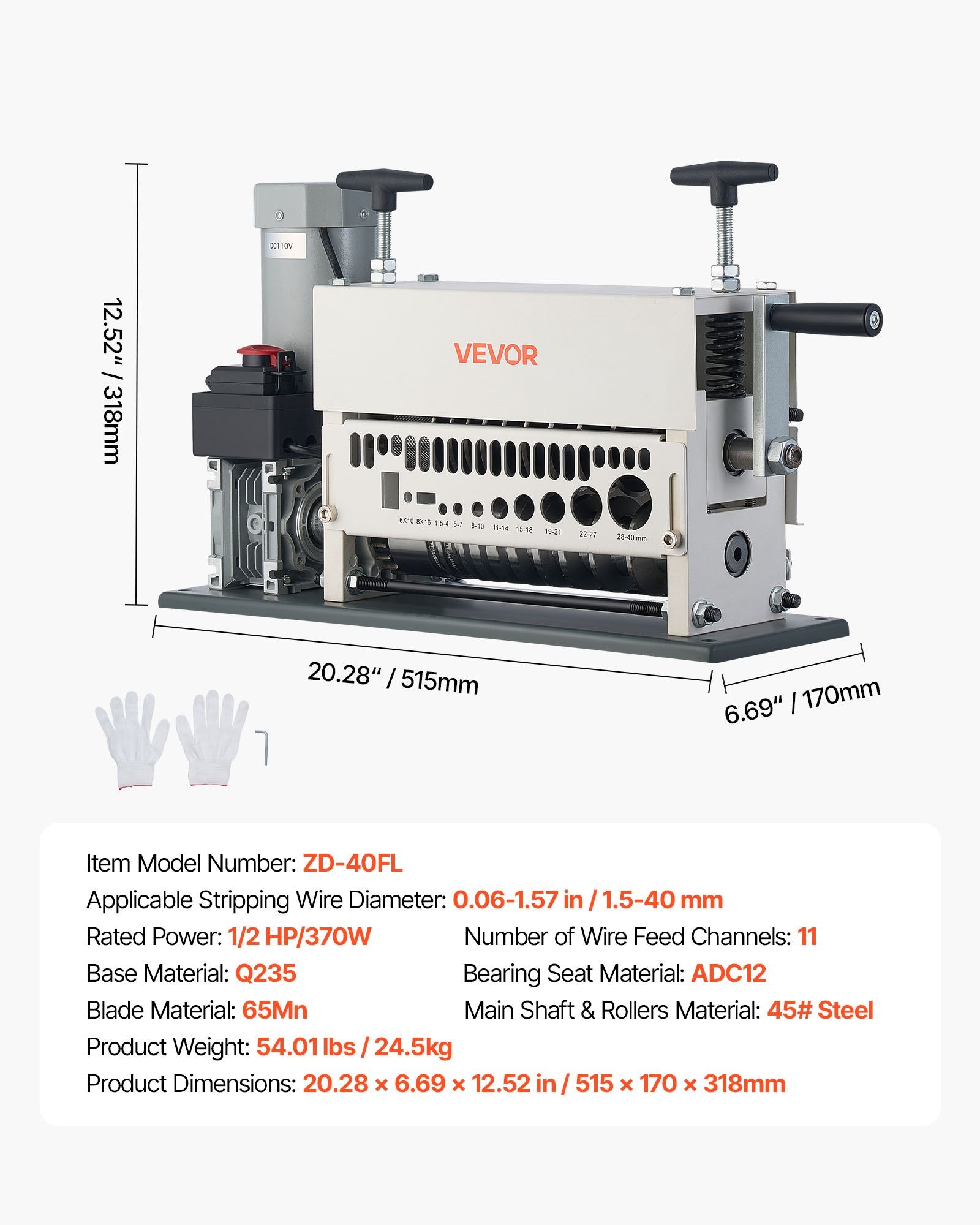 VEVOR Electric Wire Stripper Machine, 1.5-40 mm, 11 Channel Automatic Copper Cable Stripper, 370W Wire Stripper Tool with Manual Hand Crank Mode, Emergency Stop Button, for Scrap Copper Recycling