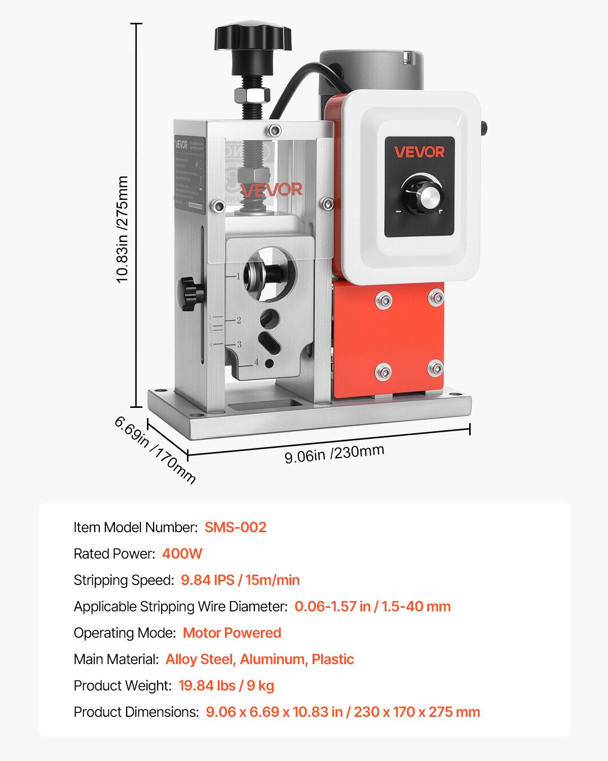 VEVOR Electric Wire Stripping Machine, 1.5-40 mm, 400W Automatic Motorized Cable Stripper, 9.84 IPS (15 m/min) Wire Peeler with Alloy Blades, V-Shaped Rollers, Cooling Fan, for Scrap Copper Recycling