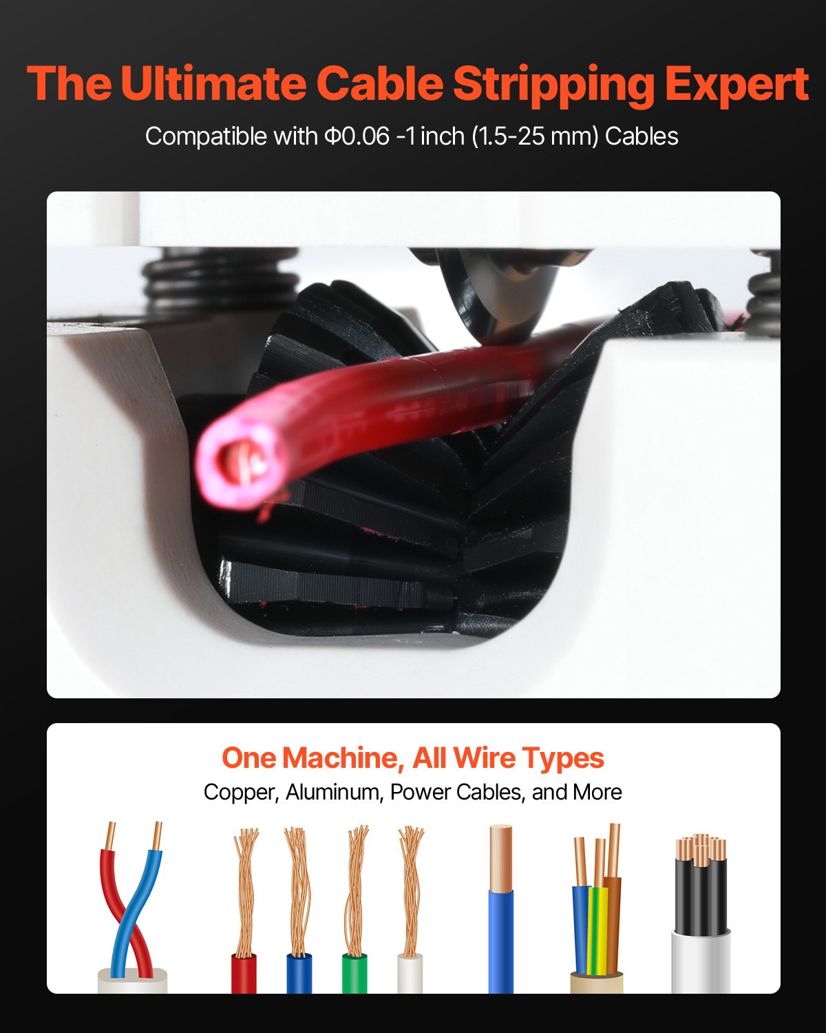 VEVOR Manual Wire Stripping Machine, 1.5-25 mm, Portable Copper Stripper with Hand Crank or Drill Powered, 64Mn Quenched Blades, 45# Steel Rollers, ABS & PC Wire Peeler, for Scrap Copper Recycling