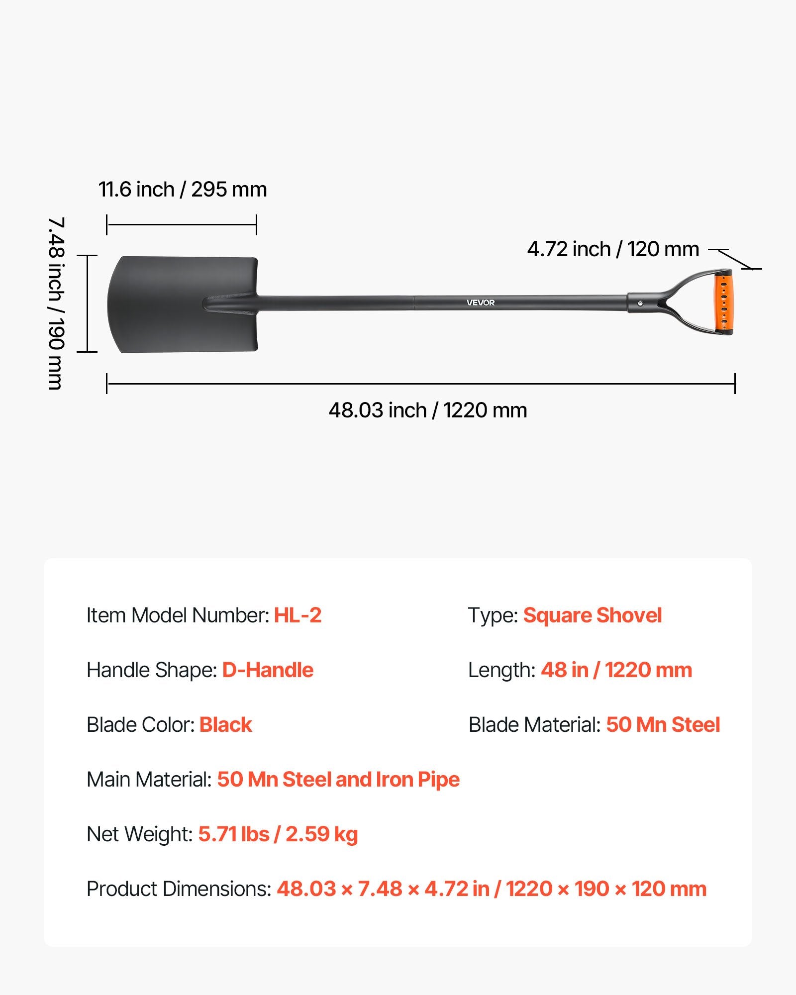 VEVOR Square Shovel, 122 cm Heavy-Duty Flat Shovel, Transfer Shovels with Alloy Steel Blade and Non-Slip D-Handle, Detachable and Easy Storage, for Gardening, Construction, Digging & Snow Shoveling