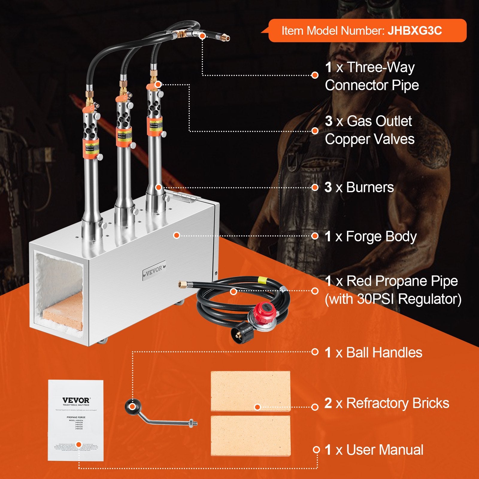 VEVOR Portable Propane Forge, 3 Burner Farrier Forge, 2600℉ Tool and Knife Making Blacksmithing Gas Forge, Large Capacity Square Stainless Steel Gas Forging Tools and Equipment for Metal Forging