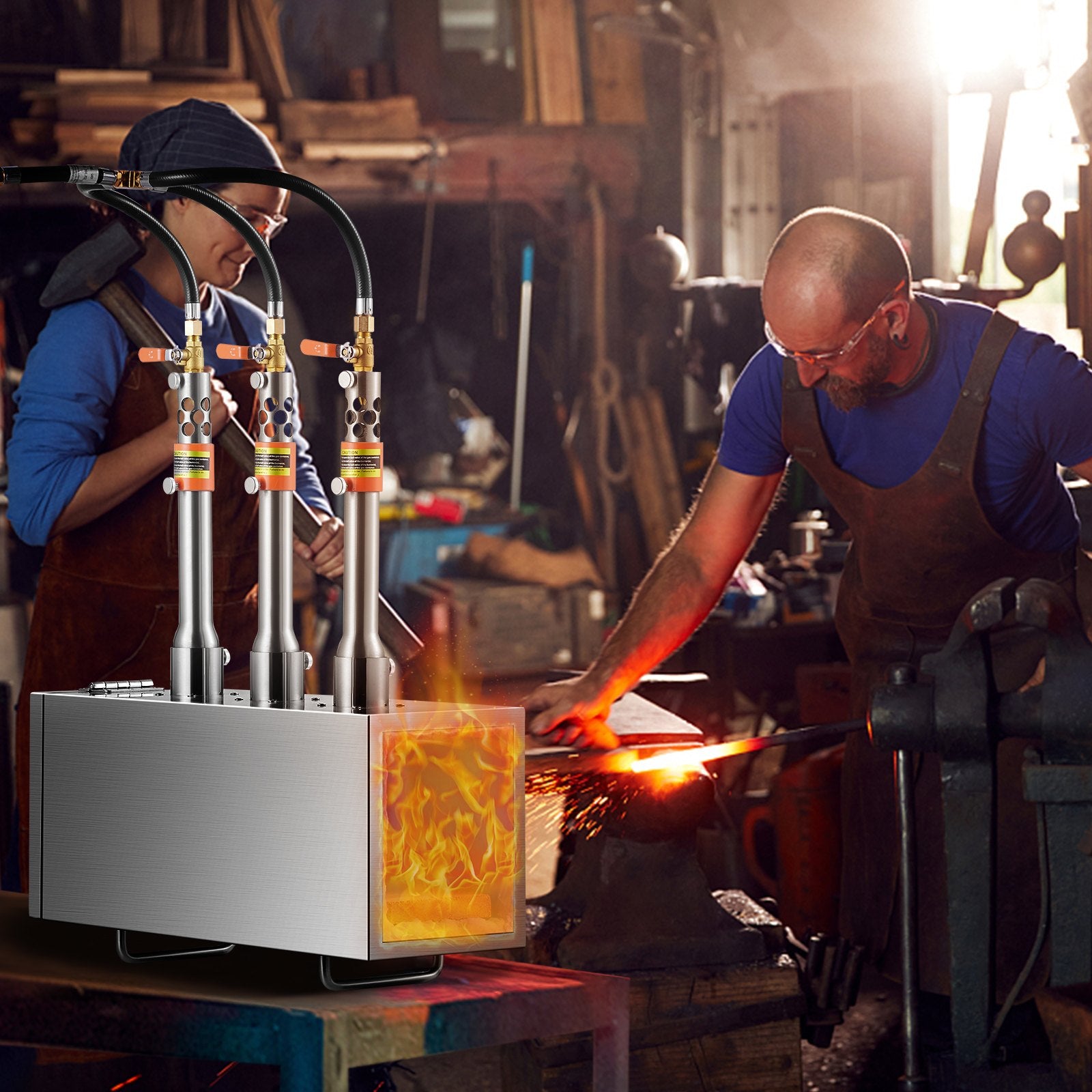 VEVOR Portable Propane Forge, 3 Burner Farrier Forge, 2600℉ Tool and Knife Making Blacksmithing Gas Forge, Large Capacity Square Stainless Steel Gas Forging Tools and Equipment for Metal Forging