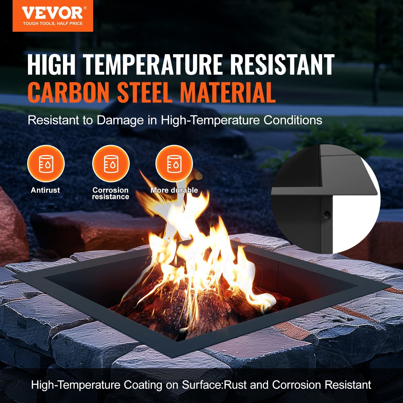 VEVOR Fire Pit Ring, 36x36 in Outer/30x30 in Inner Diameter, 10inch Height Square Fire Pit Insert, Heavy Duty Carbon Steel Liner DIY Campfire Ring above or In-Ground, for Outdoor Camping, Bonfires
