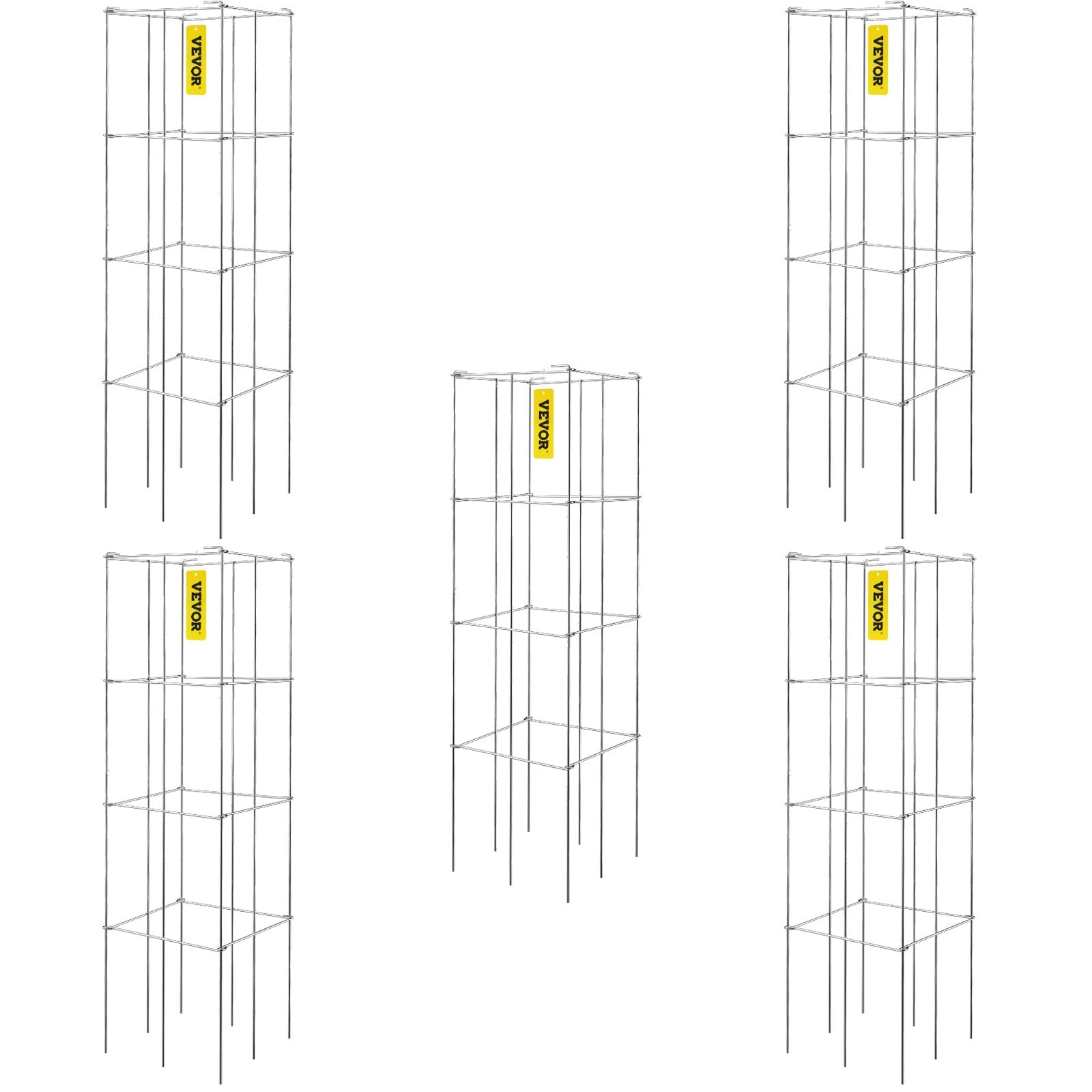 VEVOR Tomato Cages, 30 x 30 x 117 cm, 5 Packs Square Plant Support Cages, Silver PVC-Coated Steel Tomato Towers for Climbing Vegetables, Plants, Flowers, Fruits