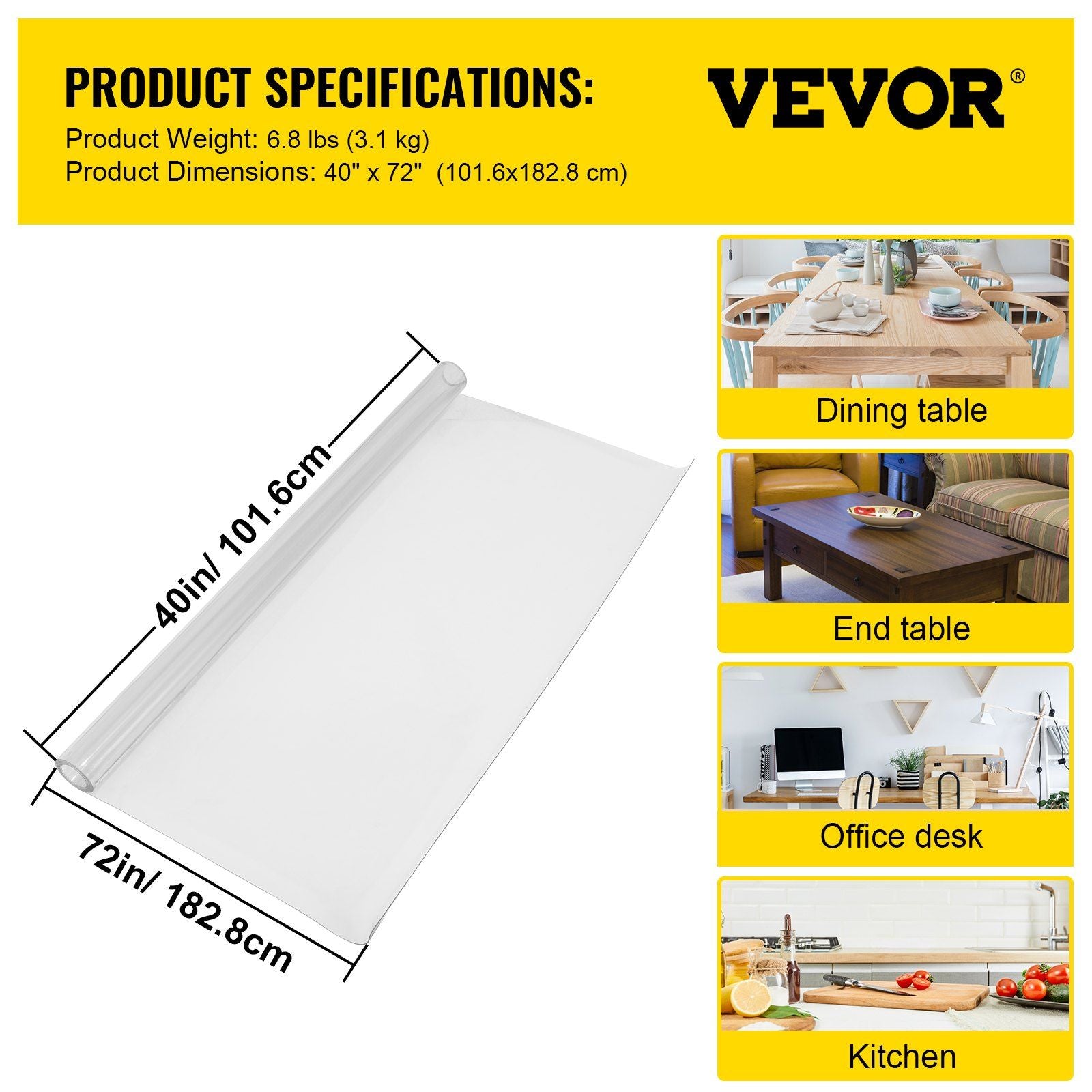 Plastic Table Cover 101.6 x 182.8 cm, 1.5 mm Thick Clear Table Protector, Rectangle Clear Desk Mat, Waterproof & Easy Cleaning for Office Dresser Night Stand