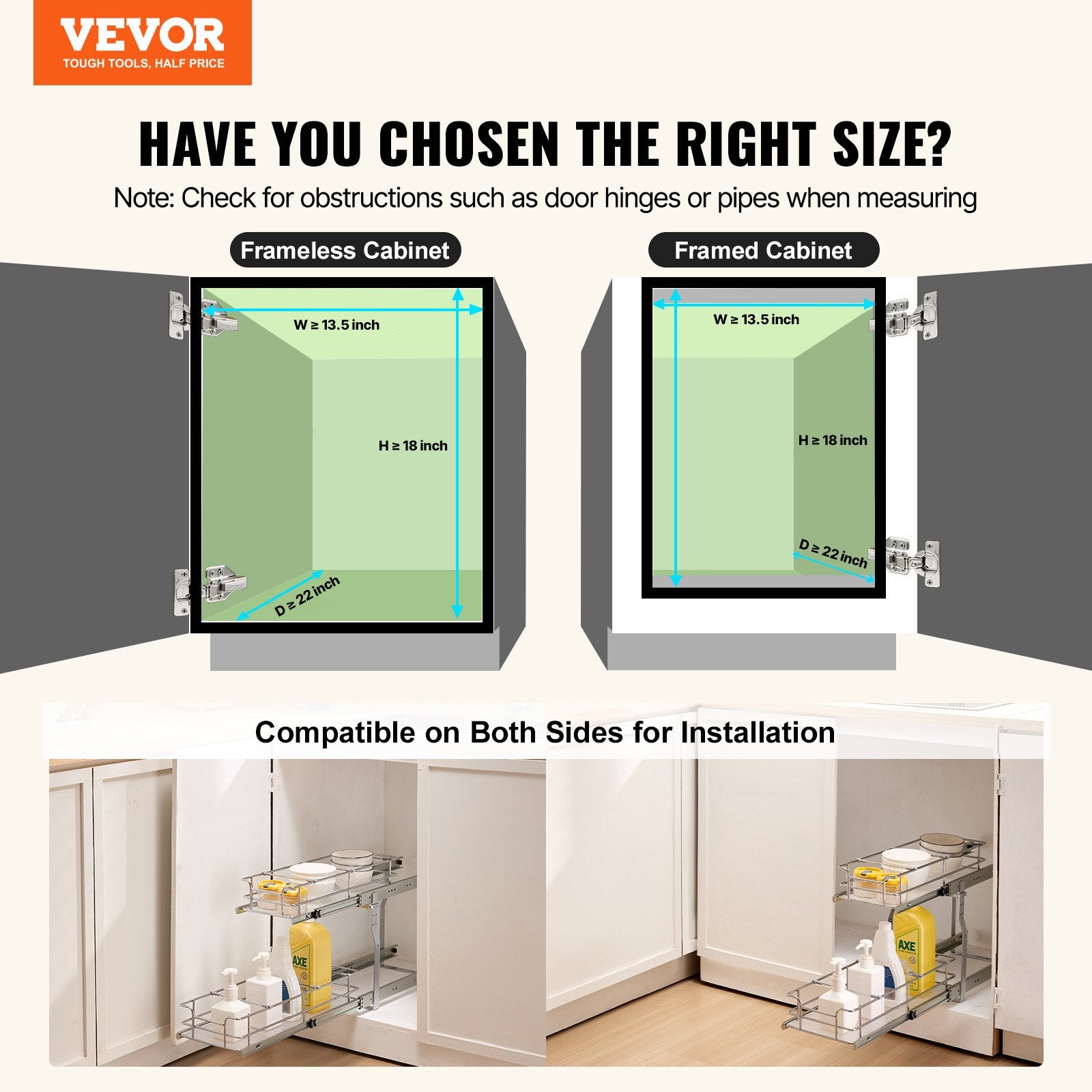 VEVOR 12"Wx21"Dx15"H Pull Out Cabinet Organizer, Heavy Duty Slide Out Pantry Shelves, Steel Roll Out Drawers, Sliding Drawer Storage for Home Under Sink, 13.5"Wx22"Dx18"H Install Size for Cabinet