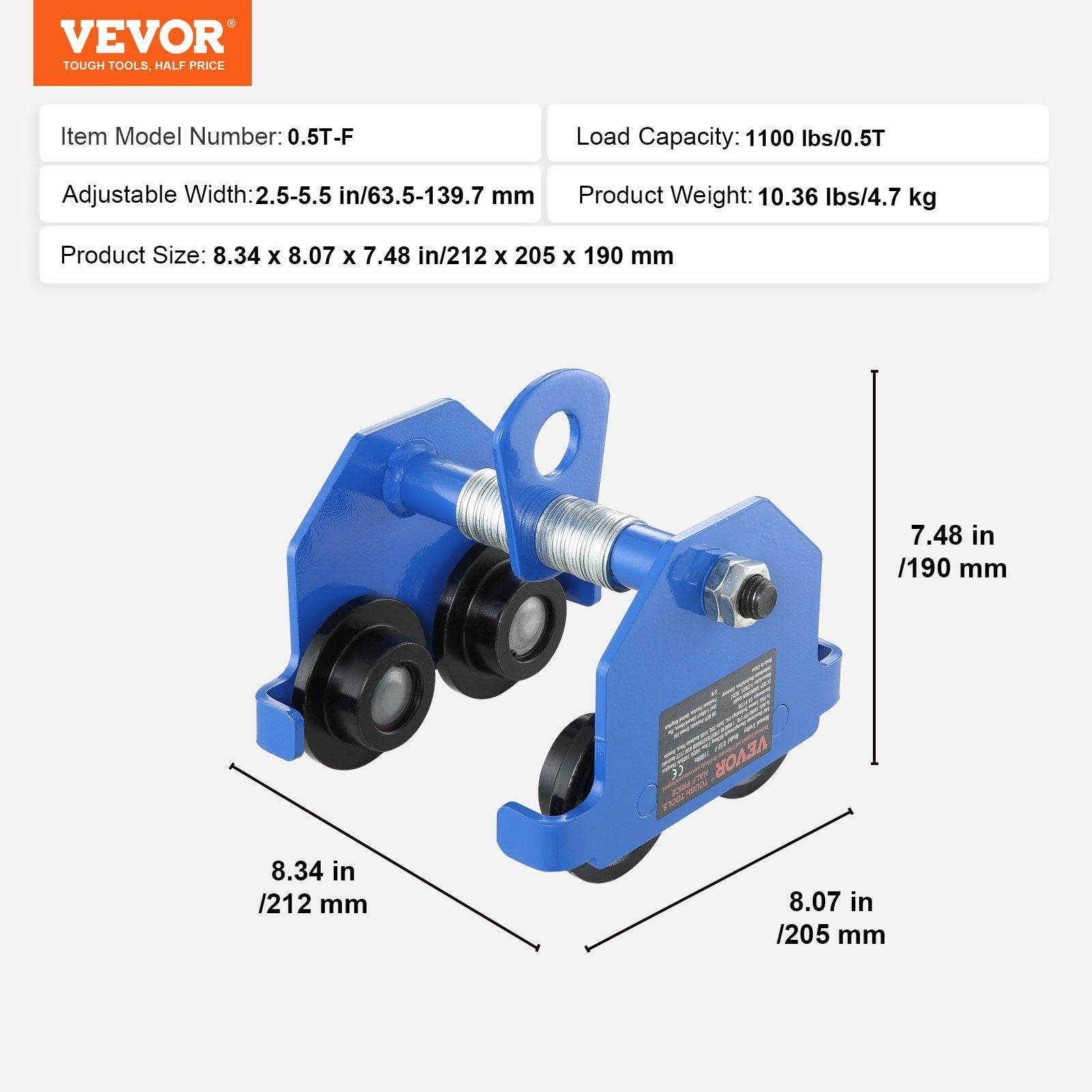 Manual Trolley, 0.5 Ton Load Capacity Push Beam Trolley with Dual Wheels, Adjustable for I-Beam Flange Width 63.5 mm to 139.7 mm, Heavy Duty Alloy Steel Garage Hoist for Straight Curved I Beam