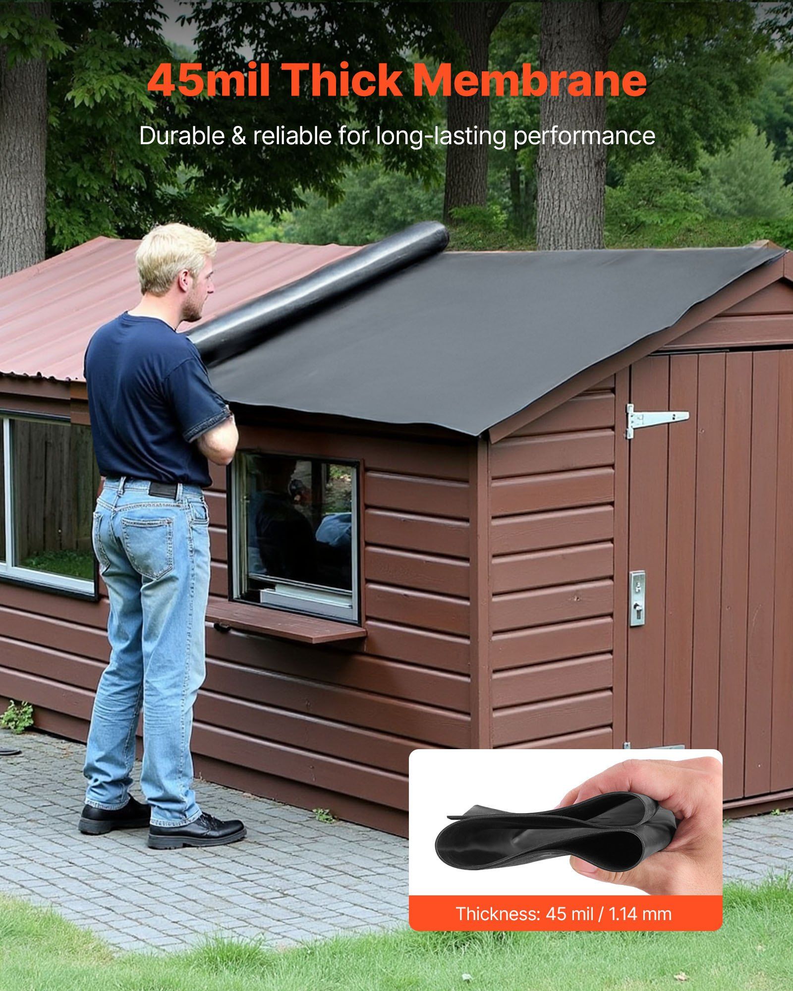 Roll Roofing, 4.57 x 6 m, 45 mil EPDM Rubber Roofing, Long Lifespan & Weather-resistant, Withstands Harsh Temperatures, Flexible & Easy Installation, Roof Underlayment for RVs, Roofs, Ponds