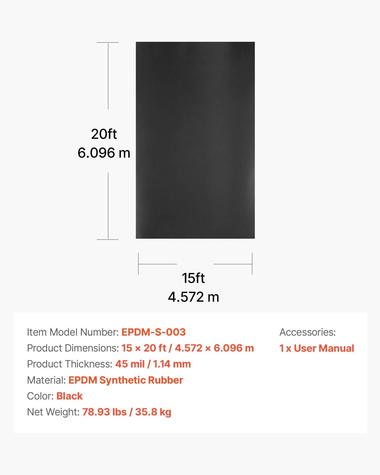Roll Roofing, 4.57 x 6 m, 45 mil EPDM Rubber Roofing, Long Lifespan & Weather-resistant, Withstands Harsh Temperatures, Flexible & Easy Installation, Roof Underlayment for RVs, Roofs, Ponds