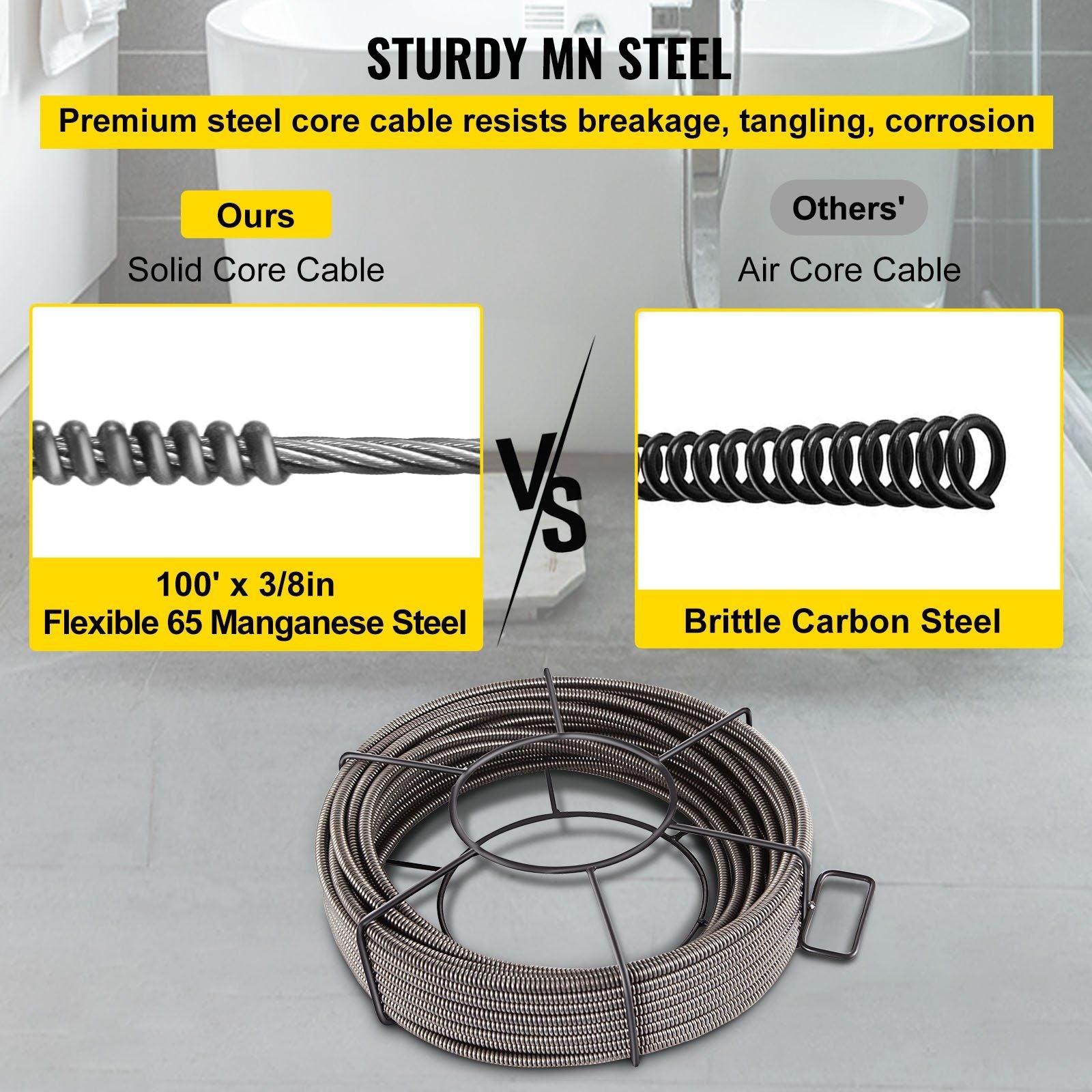Drain Cleaning Cable 100 Feet x 3/8 Inch Solid Core Cable Sewer Cable Drain Auger Cable Cleaner Snake Clog Pipe Drain Cleaning Cable Sewer Drain Auger Snake Pipe