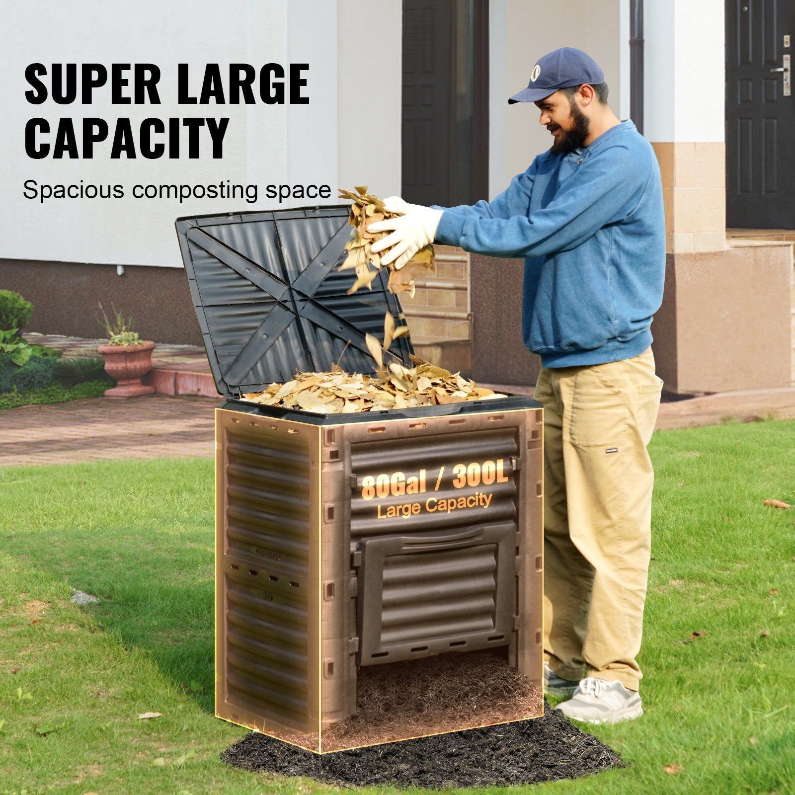 VEVOR Garden Compost Bin 300 L, BPA Free Composter, Large Capacity Outdoor Composting Bin with Top Lid and Bottom Door, Easy Assembling, Lightweight, Fast Creation of Fertile Soil