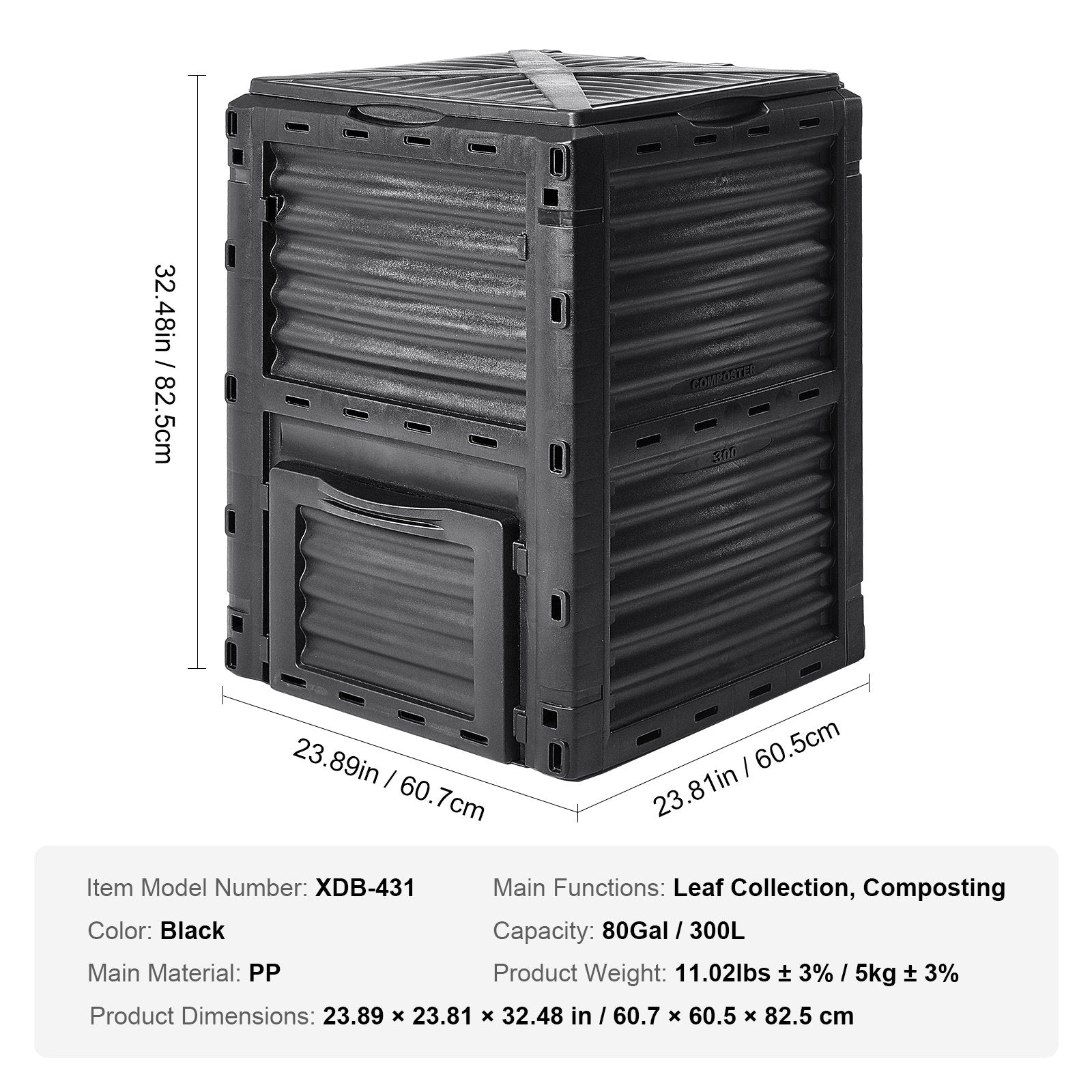 VEVOR Garden Compost Bin 300 L, BPA Free Composter, Large Capacity Outdoor Composting Bin with Top Lid and Bottom Door, Easy Assembling, Lightweight, Fast Creation of Fertile Soil