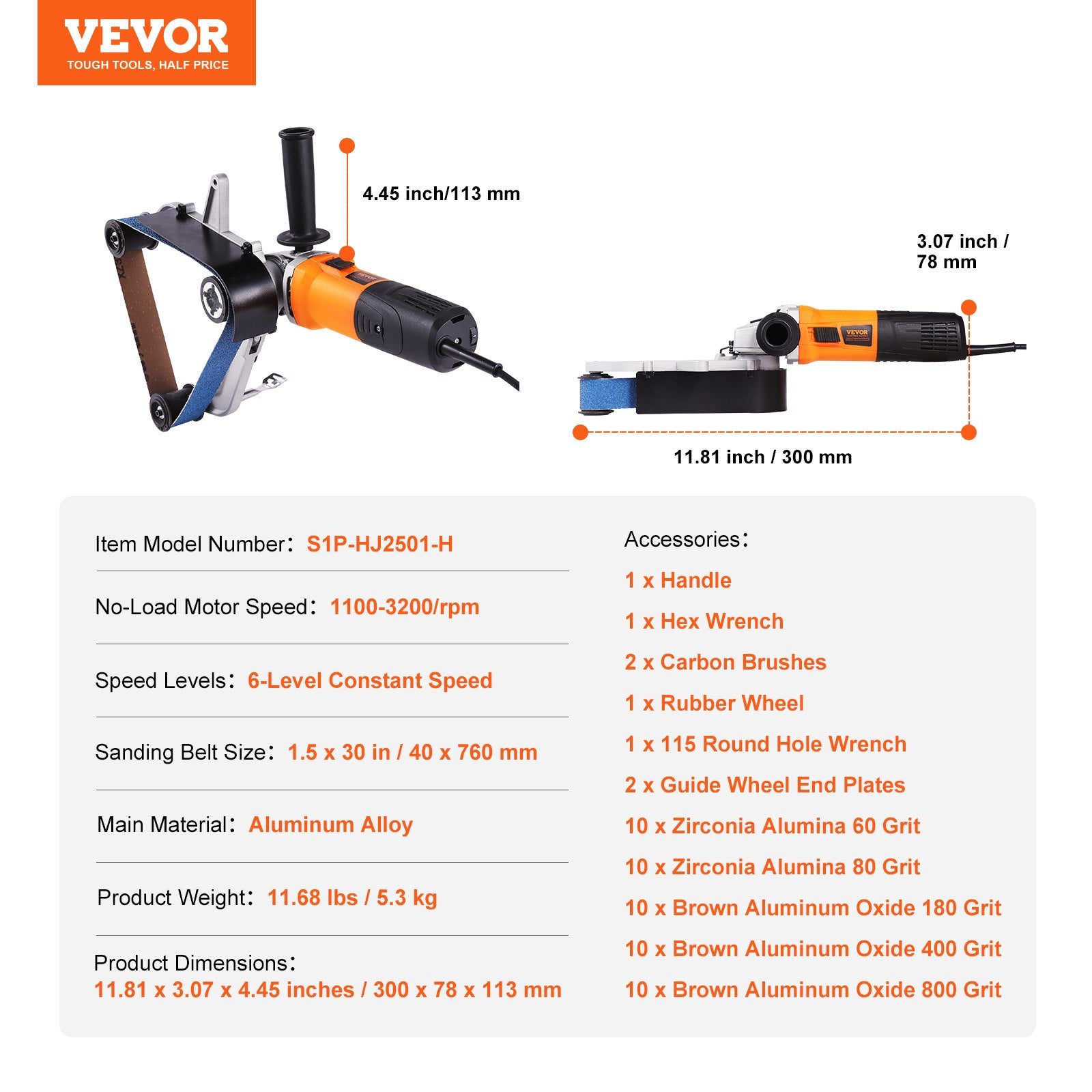 VEVOR Pipe Tube Polisher Sander, 1300W Pipe Belt Sander with 6 Variable Speeds 1100-3200rpm, Professional Belt Sander Grinding Machine with 50PCS Sanding Belts for Burnishing Finishing Rust Removal