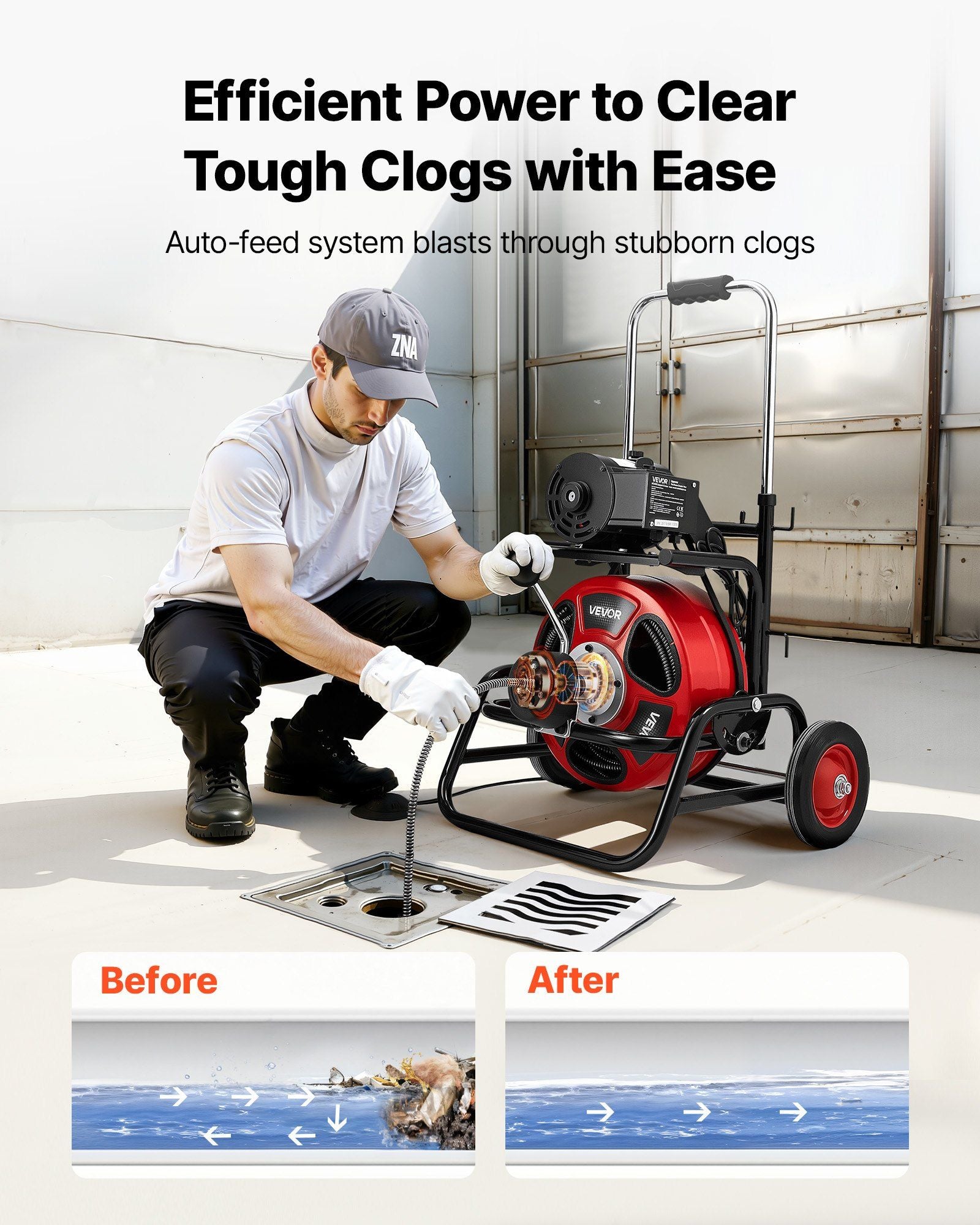 Drain Cleaner Machine 30m x 9.5mm, Auto Feed Sewer Snake Auger, Portable Drain Cleaning Machine with Climbing Wheels, Adjustable Drum, 8 Cutters & Foot Switch for 50mm to 100mm Pipes