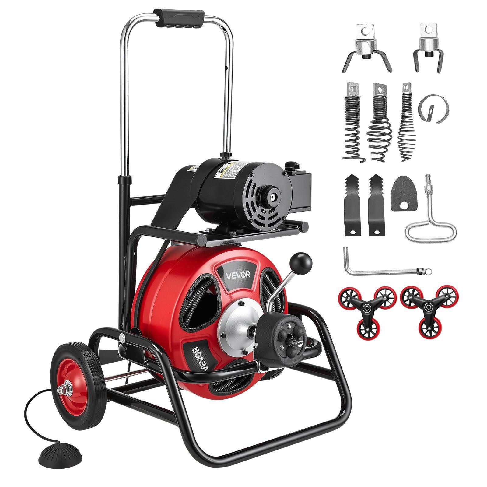 Drain Cleaner Machine 30m x 12.7mm, Auto Feed Sewer Snake Auger, Portable Drain Cleaning Machine with Climbing Wheels, Adjustable Drum, 8 Cutters & Foot Switch for 50mm to 150mm Pipes