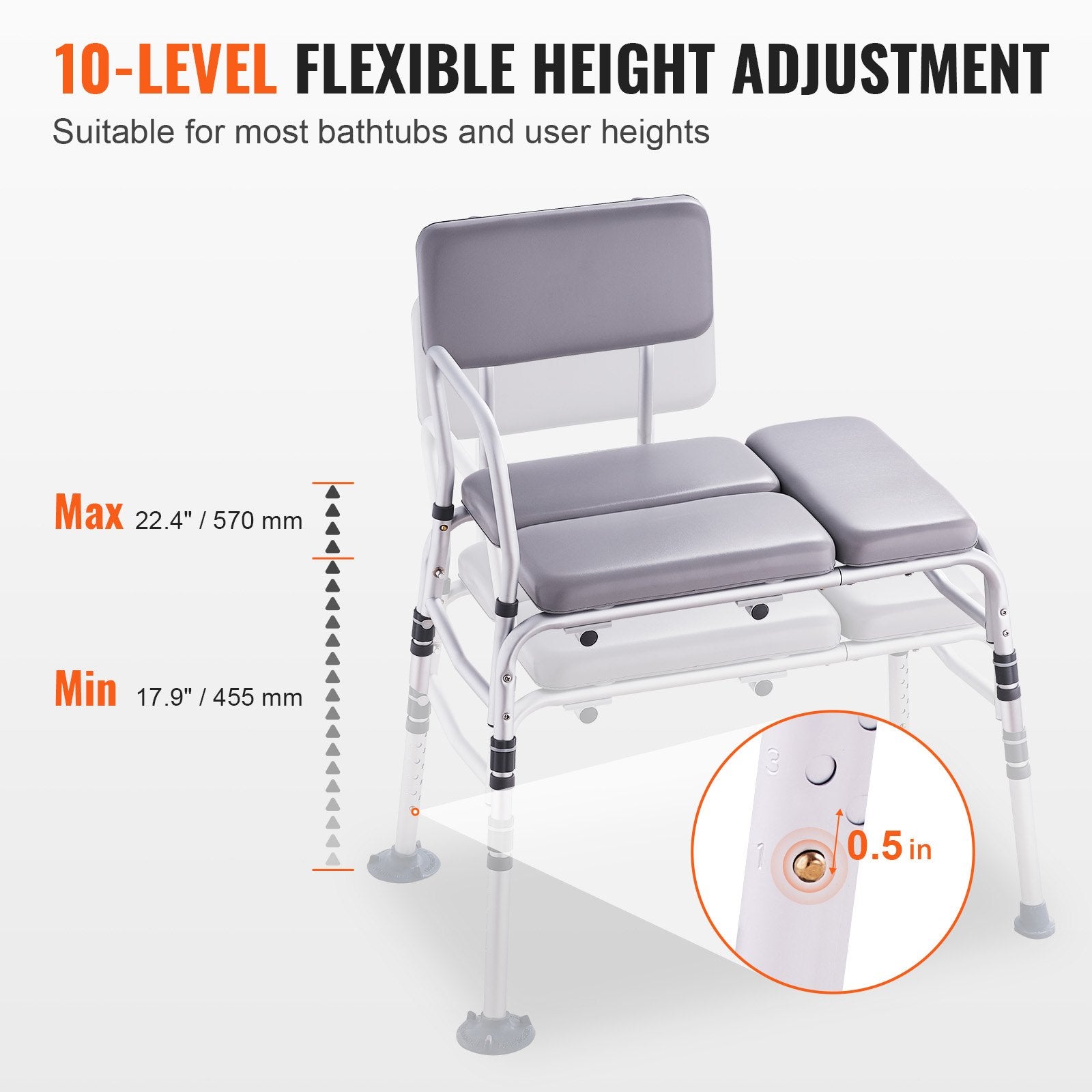 VEVOR Tub Transfer Bench for Bathtub 500lbs, Shower Seats for Adults, Lightweight Shower Bench for Elderly and Disabled with Padded Seat, Non-Slip Bath Seats with Armrest and Reversible Backrest