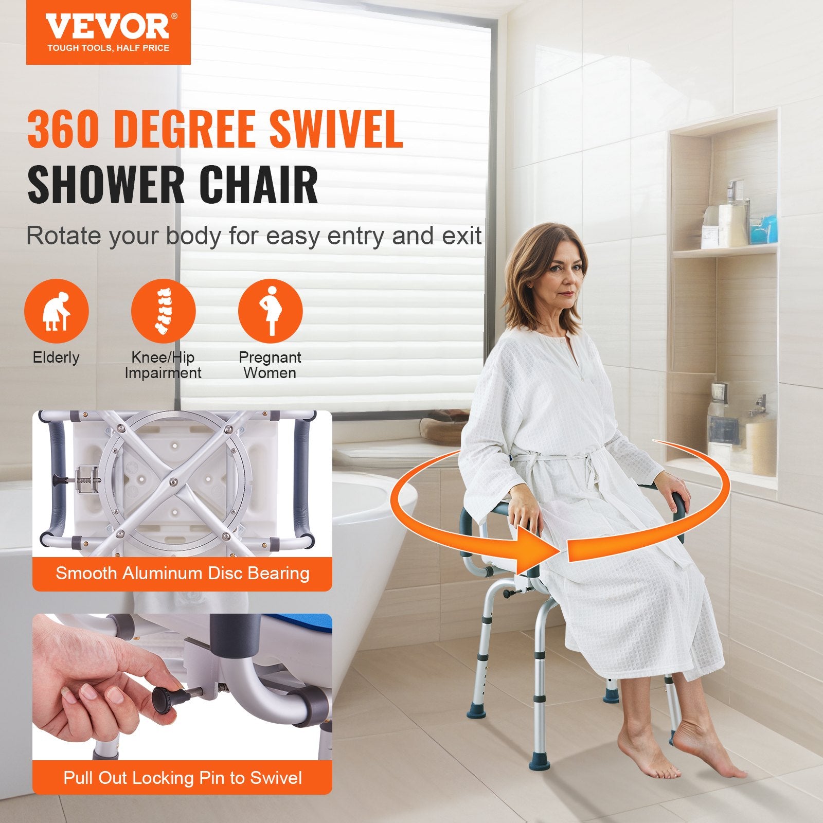 VEVOR Swivel Shower Chair 360 Degree, Adjustable Shower Seat with Armrests and Backrest for Inside Shower or Bathtub, Non-Slip Rotating Bathtub Chair Seat for Elderly Disabled Injured, 400lbs Capacity