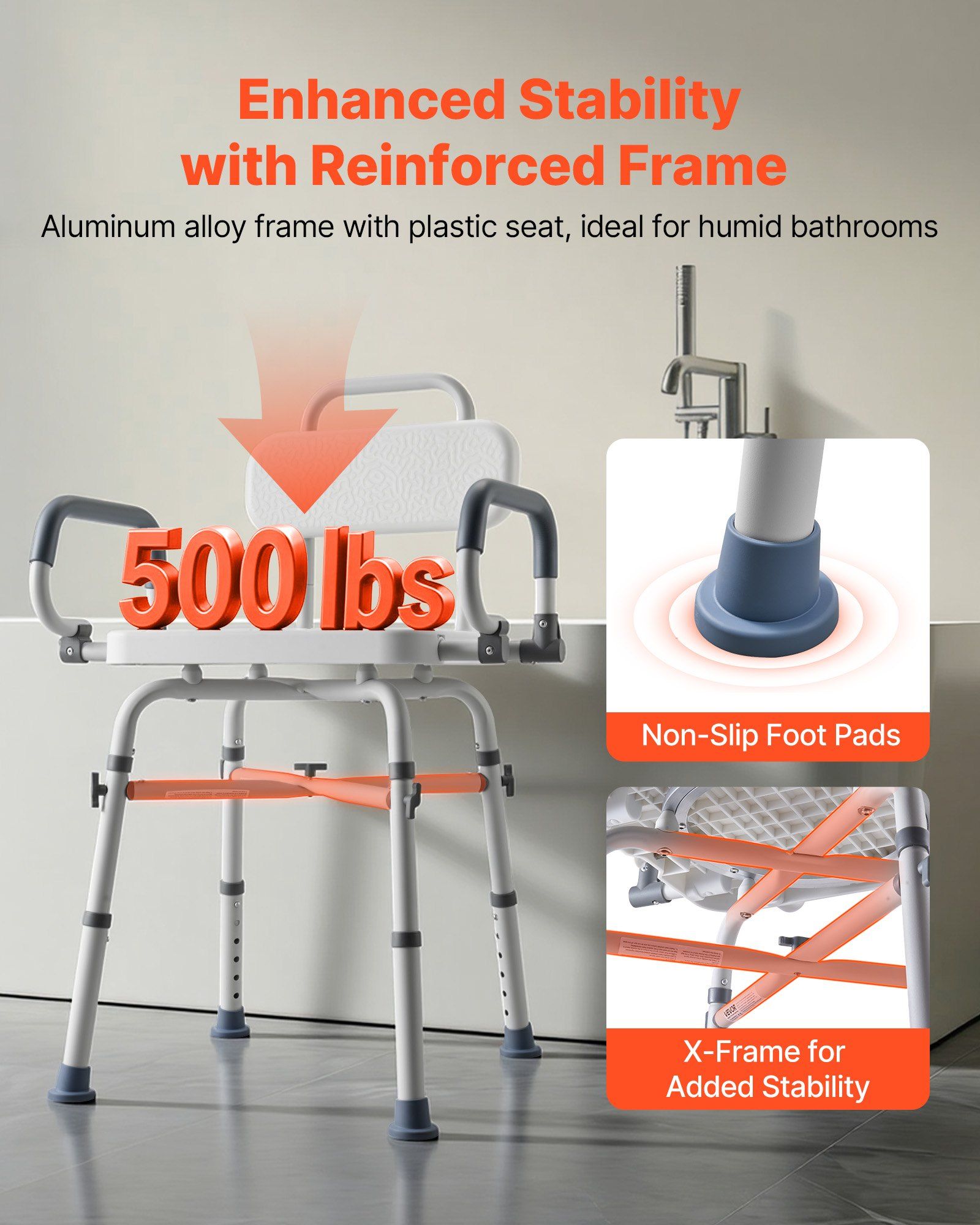 Swivel Shower Chair with Arms and Back, 227 kg Load Heavy Duty Bench Seat for Inside Shower Stall and Bathtub, Height Adjustable Bathroom Bath Tub Seat for Adults, Seniors, Elderly and Disabled