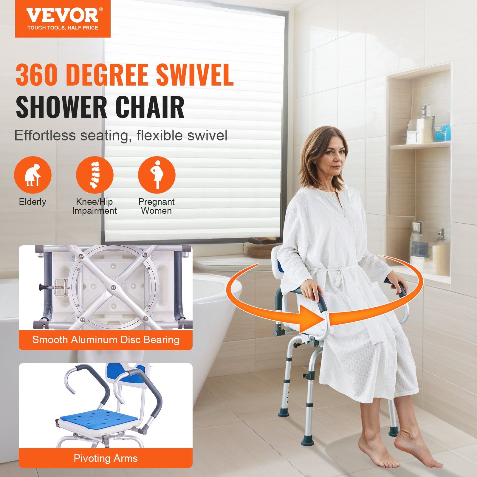 Swivel Shower Chair 360 Degree, Adjustable Shower Seat with Pivoting Arms for Inside Showers or Tubs, Non-Slip Rotating Bathtub Shower Chair for Elderly Disabled Injured, 400LBS Capacity