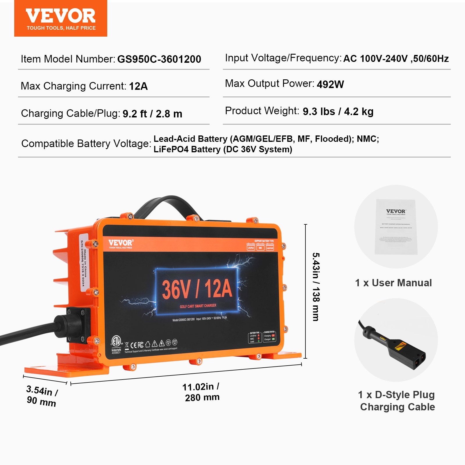 VEVOR 12 AMP Golf Cart Smart Battery Charger for EZGO D-Style IP67 ETL