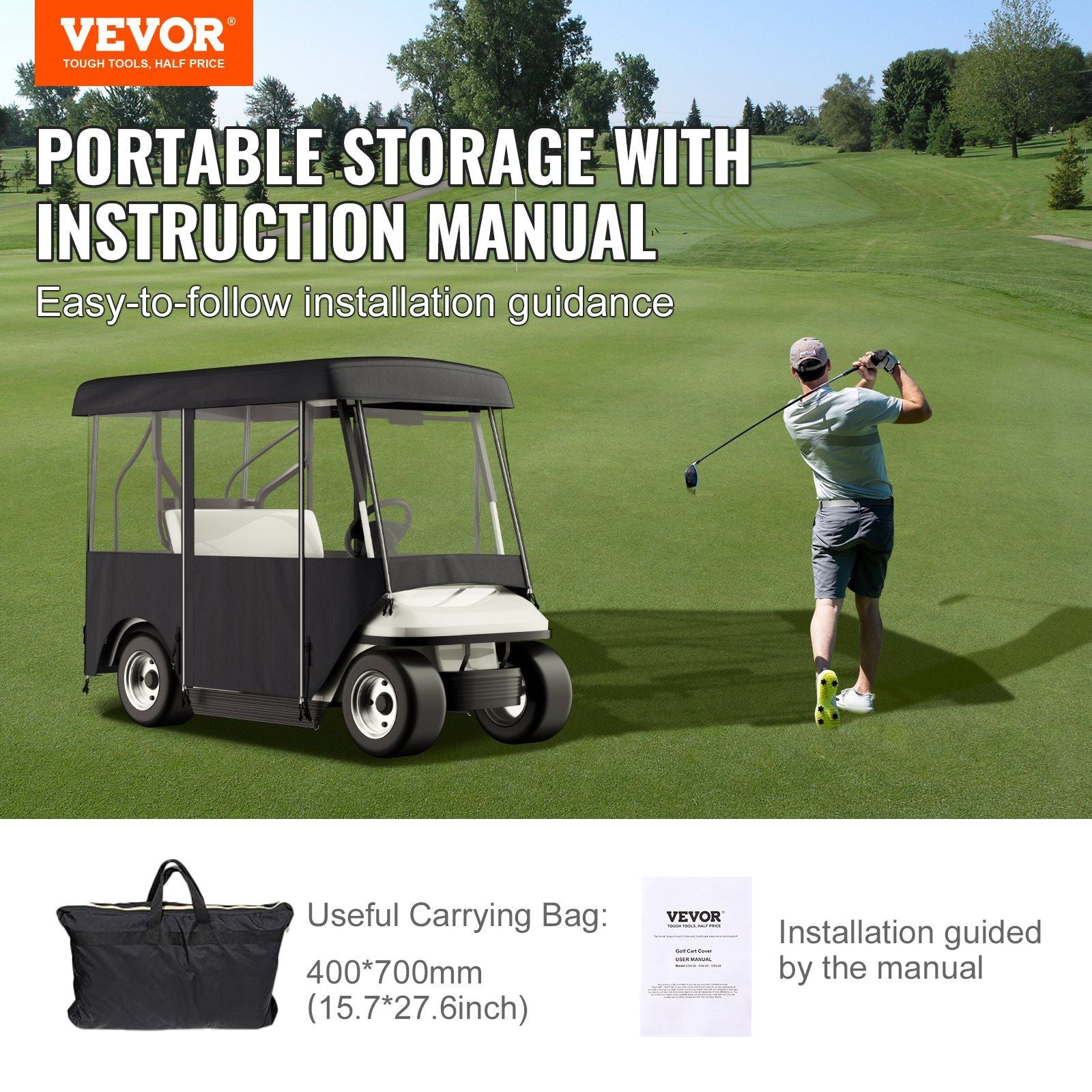 Golf Cart Enclosure, Polyester Driving Enclosure, Club Car Covers Universal Fits for 2+2 Passenger Golf Carts, Sunproof and Dustproof Outdoor Cart Cover