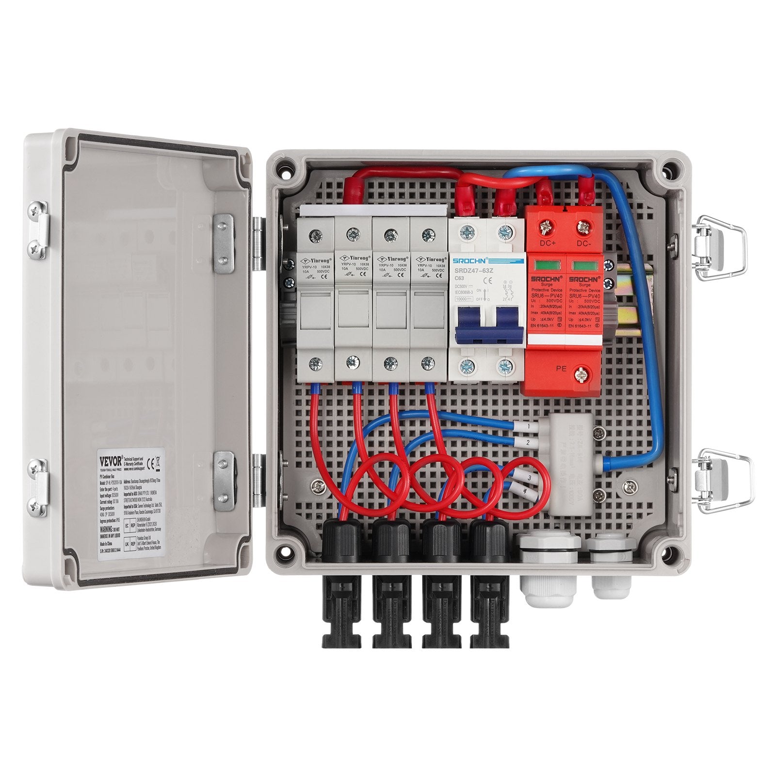 VEVOR Solar PV Combiner Box 4 String 10A for Solar Panel System ABS Case IP65