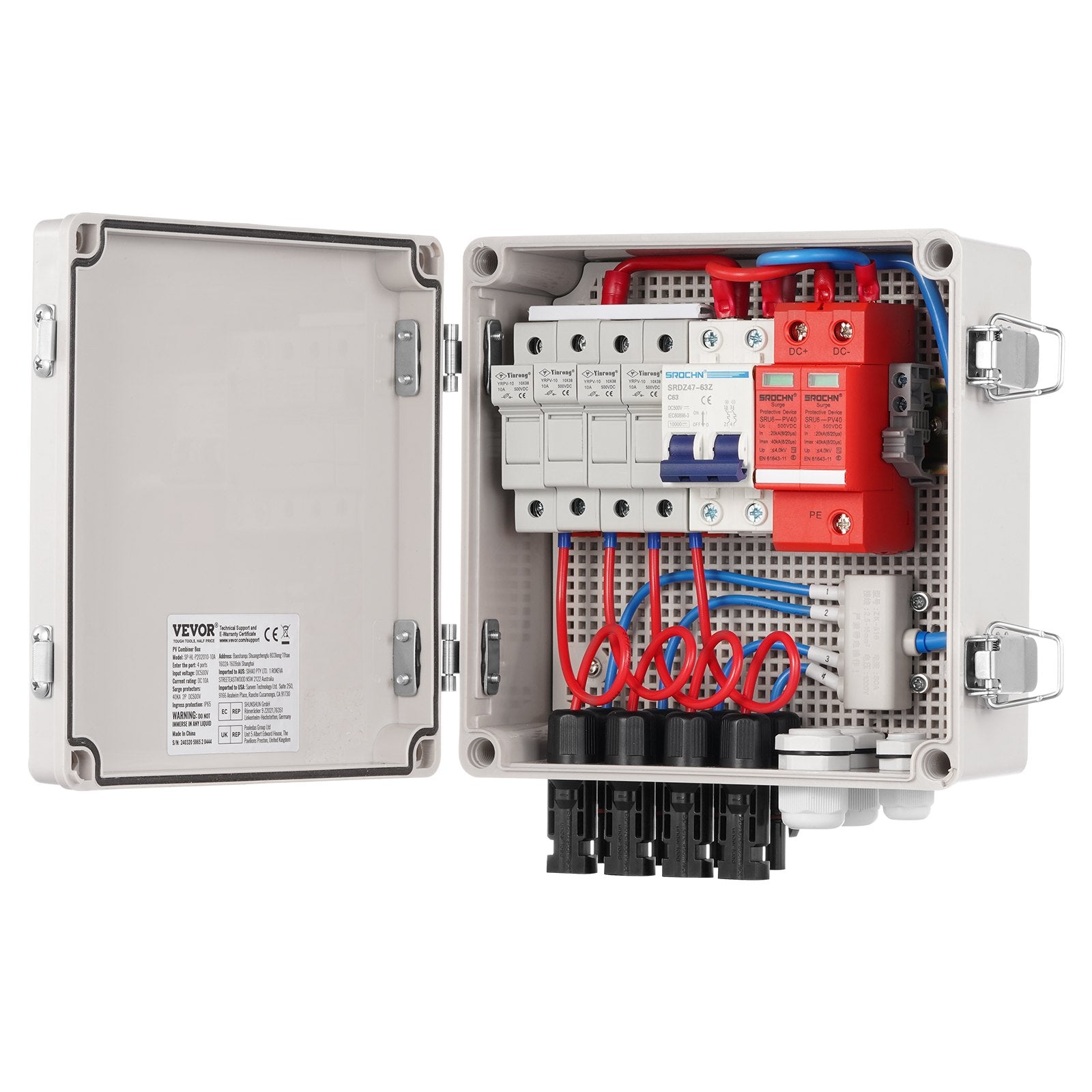 VEVOR Solar PV Combiner Box 4 String 10A for Solar Panel System ABS Case IP65