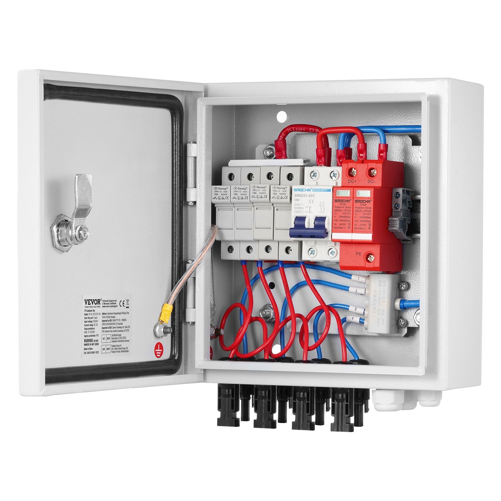 VEVOR PV Combiner Box, 4 String, Solar Combiner Box with 15A Rated Current Fuse 63A Circuit Breaker Lightning Arrester and Solar Connector, Steel Case for On / Off Grid Solar Panel System, IP65