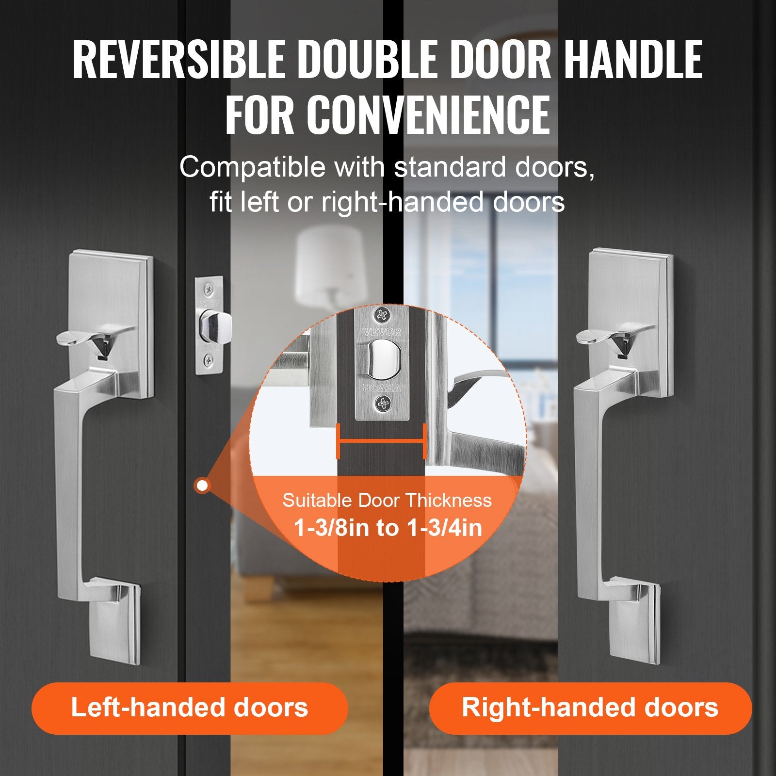 VEVOR Entry Door Handle, Satin Nickel Square Handle Set with Lever Door Handle No Lock, Adjustable Hole Space, Front Door Handle with Reversible for Right and Left Handed Entrance and Front Door