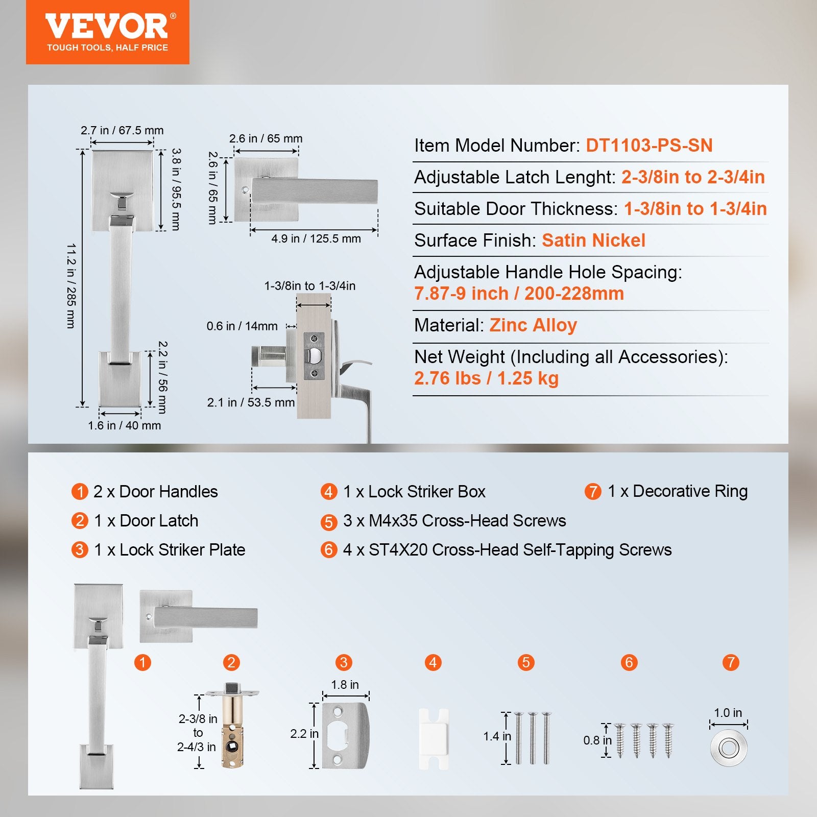 VEVOR Entry Door Handle, Satin Nickel Square Handle Set with Lever Door Handle No Lock, Adjustable Hole Space, Front Door Handle with Reversible for Right and Left Handed Entrance and Front Door