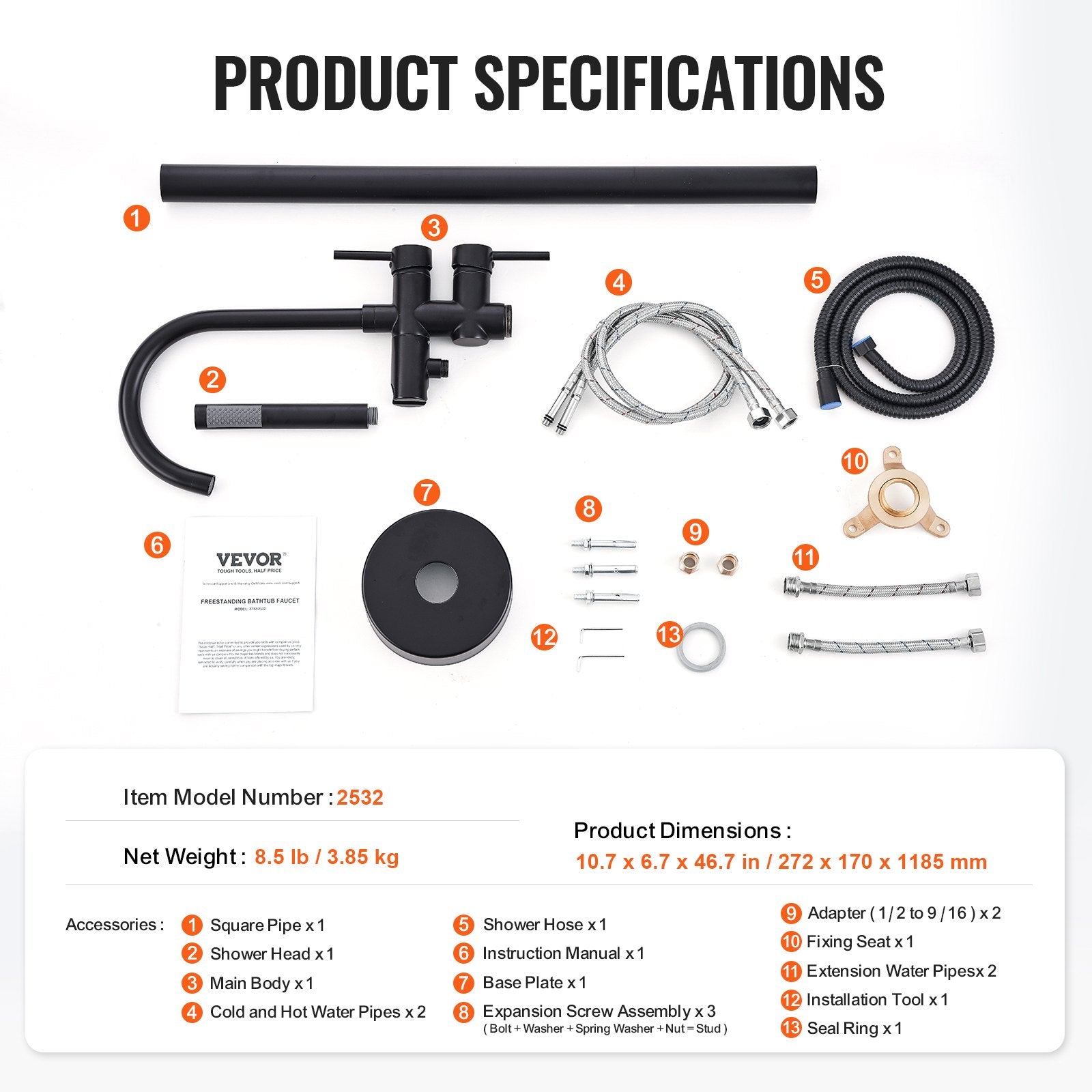 VEVOR Freestanding Bathtub Faucet, Floor Mount, Freestanding Tub Filler, Shower Mixer Taps, Two Water Modes, 360° Swivel Spout, for Bathing & Showering Pet Bathing Cleaning Drains Toilet Flushing