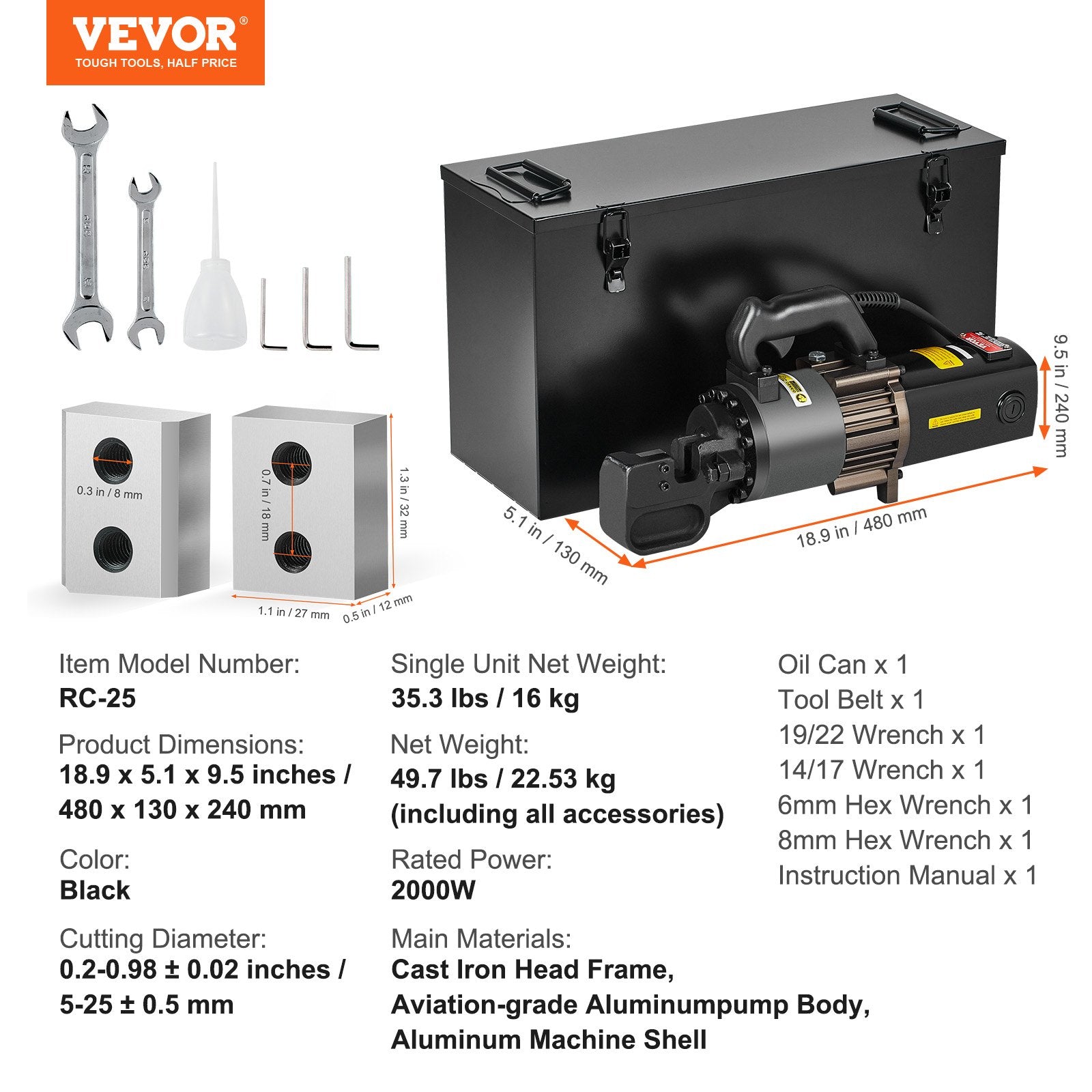 VEVOR 2000W Electric Hydraulic Rebar Cutter Cutting up to 1 Inch #8 4-25mm
